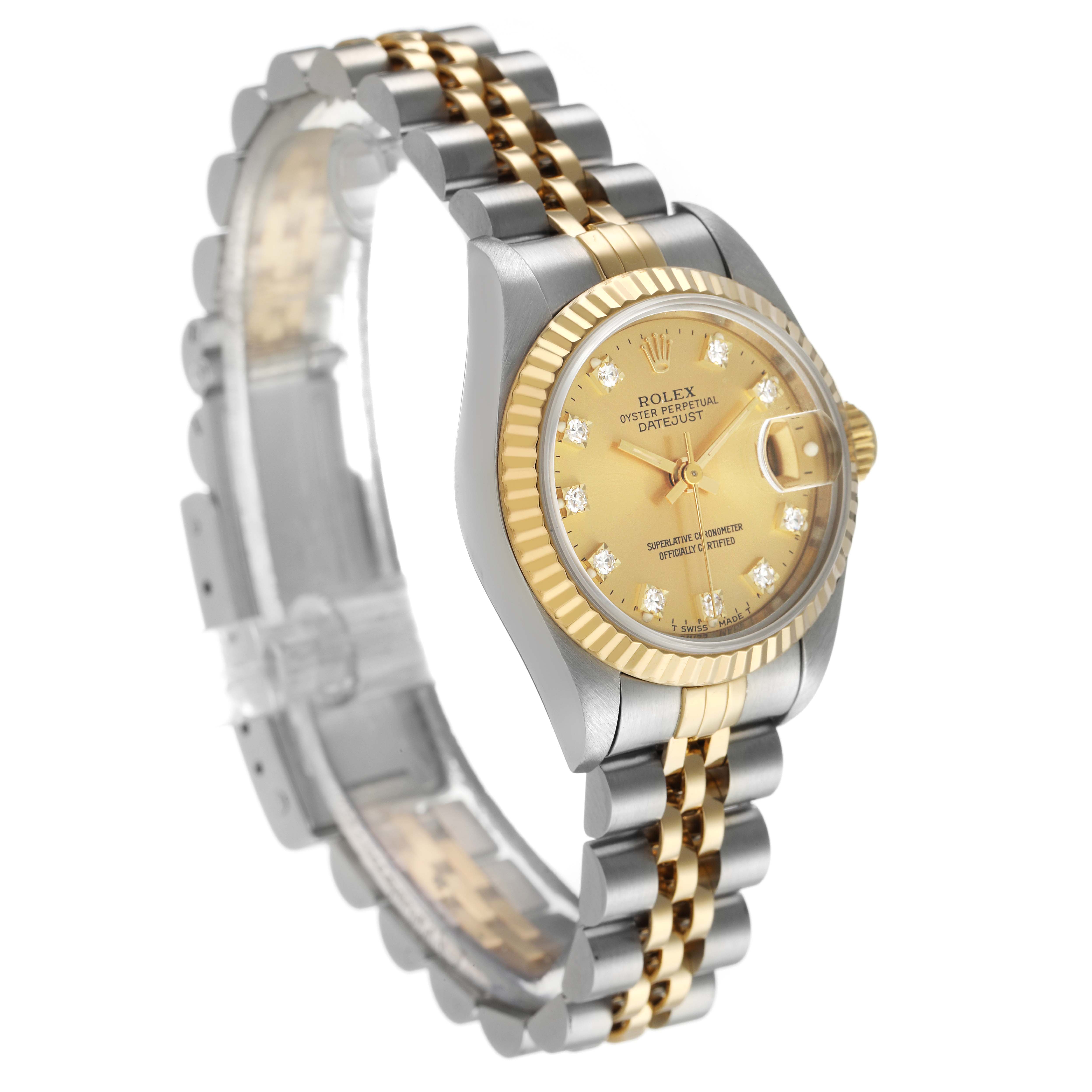 The Rolex Datejust 69173 Women's Stainless Steel Champagne Dial watch is shown at an angled side view, highlighting the bracelet, bezel, and dial.