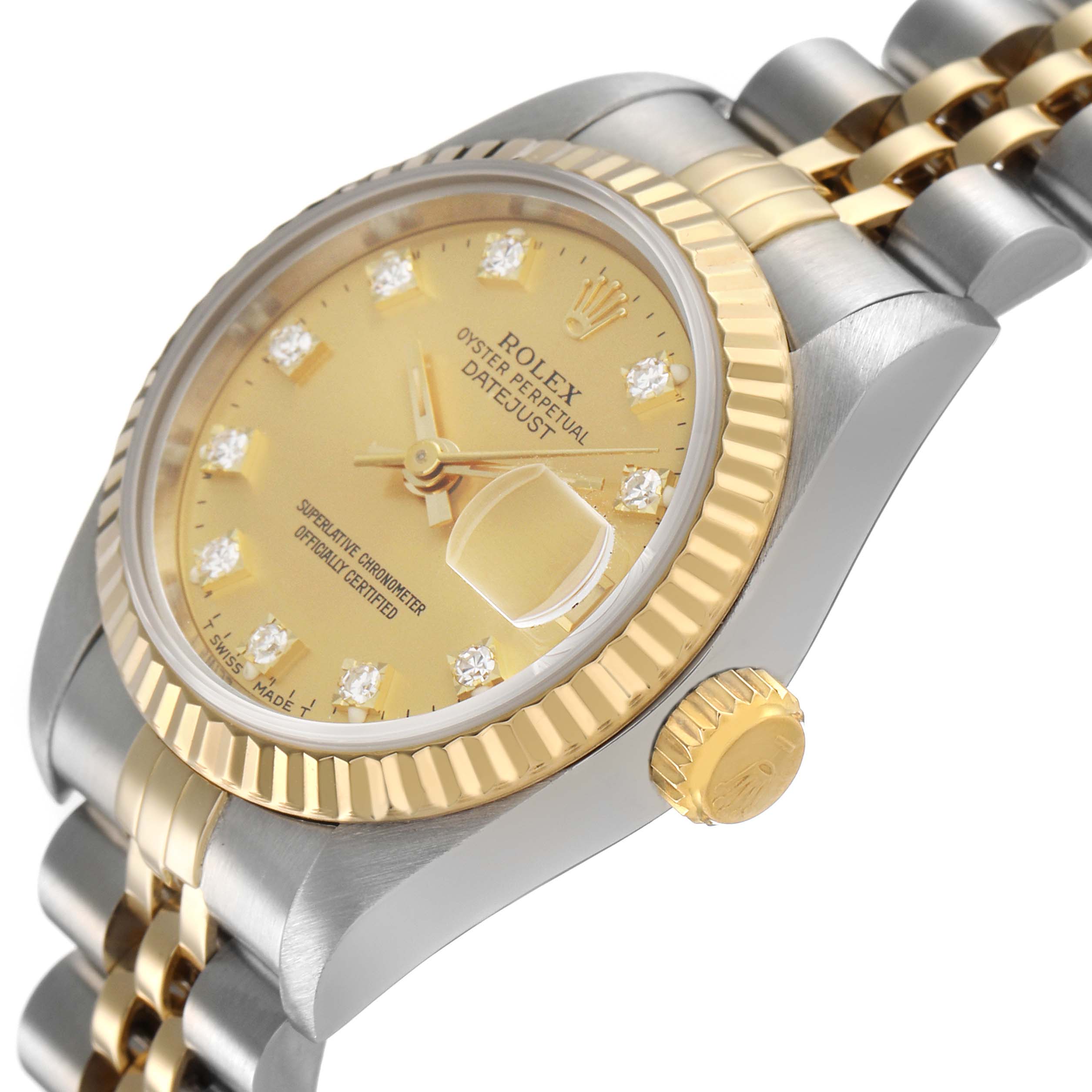 The Rolex Datejust 69173 Women's Stainless Steel Champagne Dial watch is shown from an angled side view, highlighting the dial, bezel, crown, and bracelet.