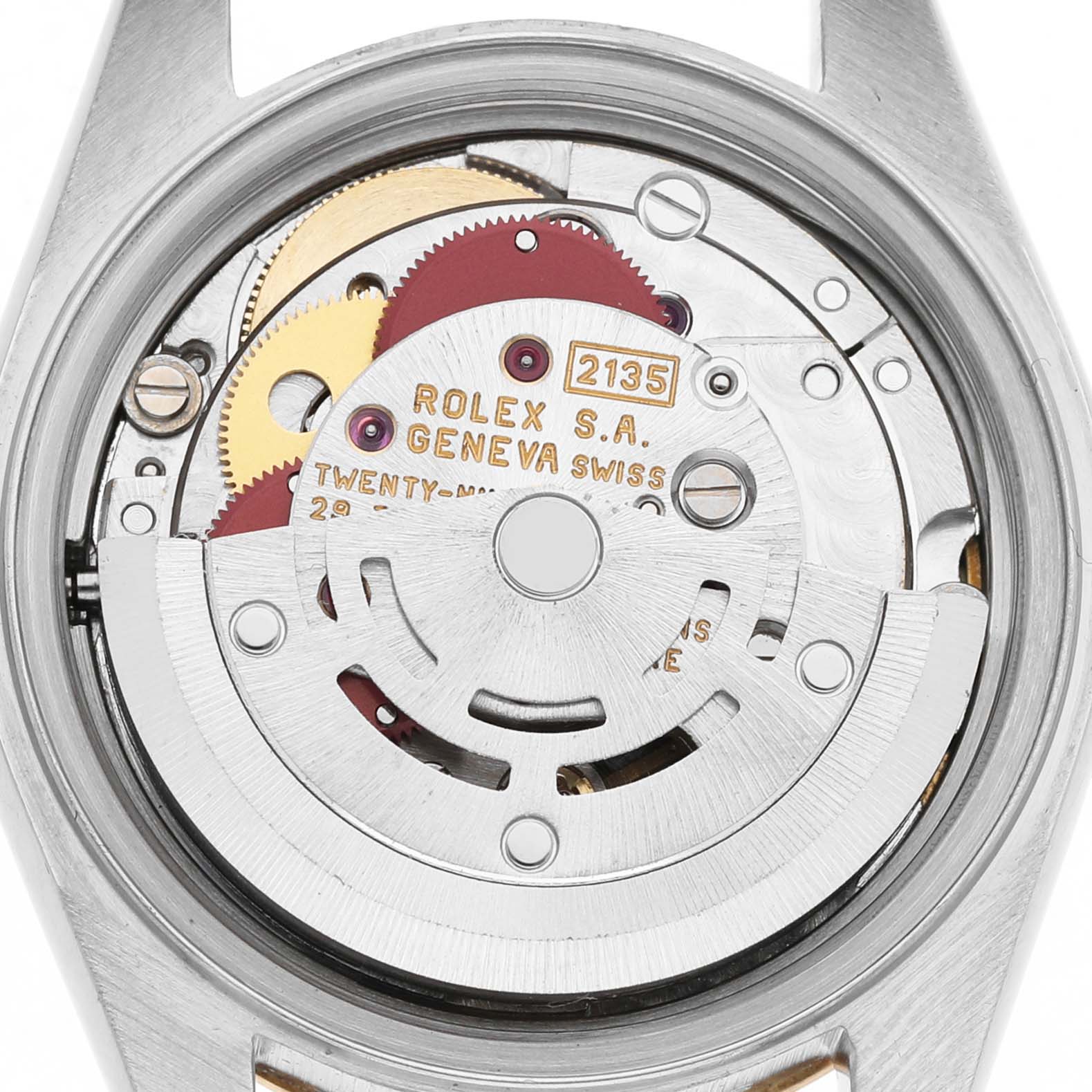 The image shows the back view of a Rolex Datejust 69173 Women's Stainless Steel Champagne Dial, highlighting its movement and rotor.