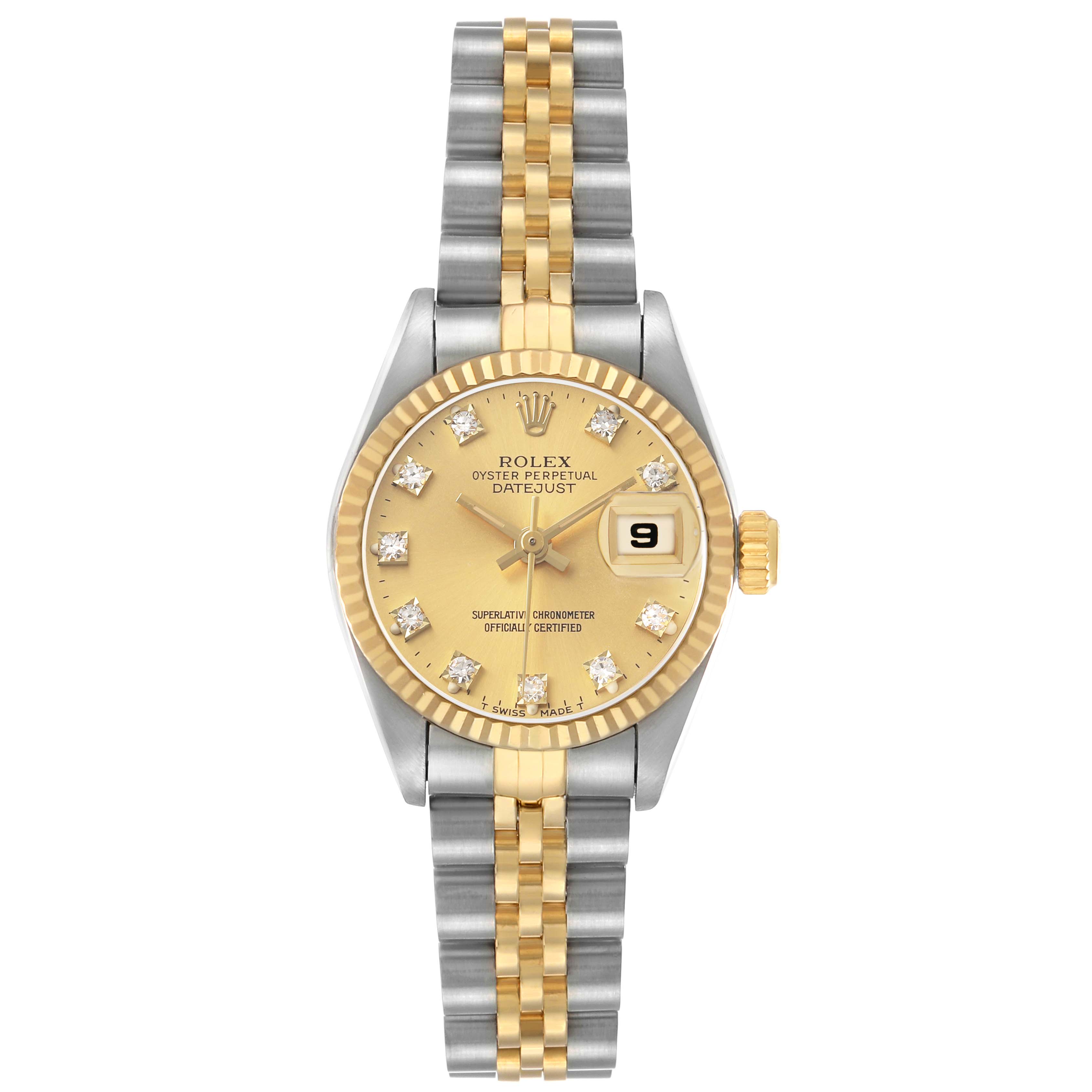 The Rolex Datejust 69173 Women's Stainless Steel Champagne Dial watch is shown from a top-down angle featuring the face, bezel, and two-tone bracelet.
