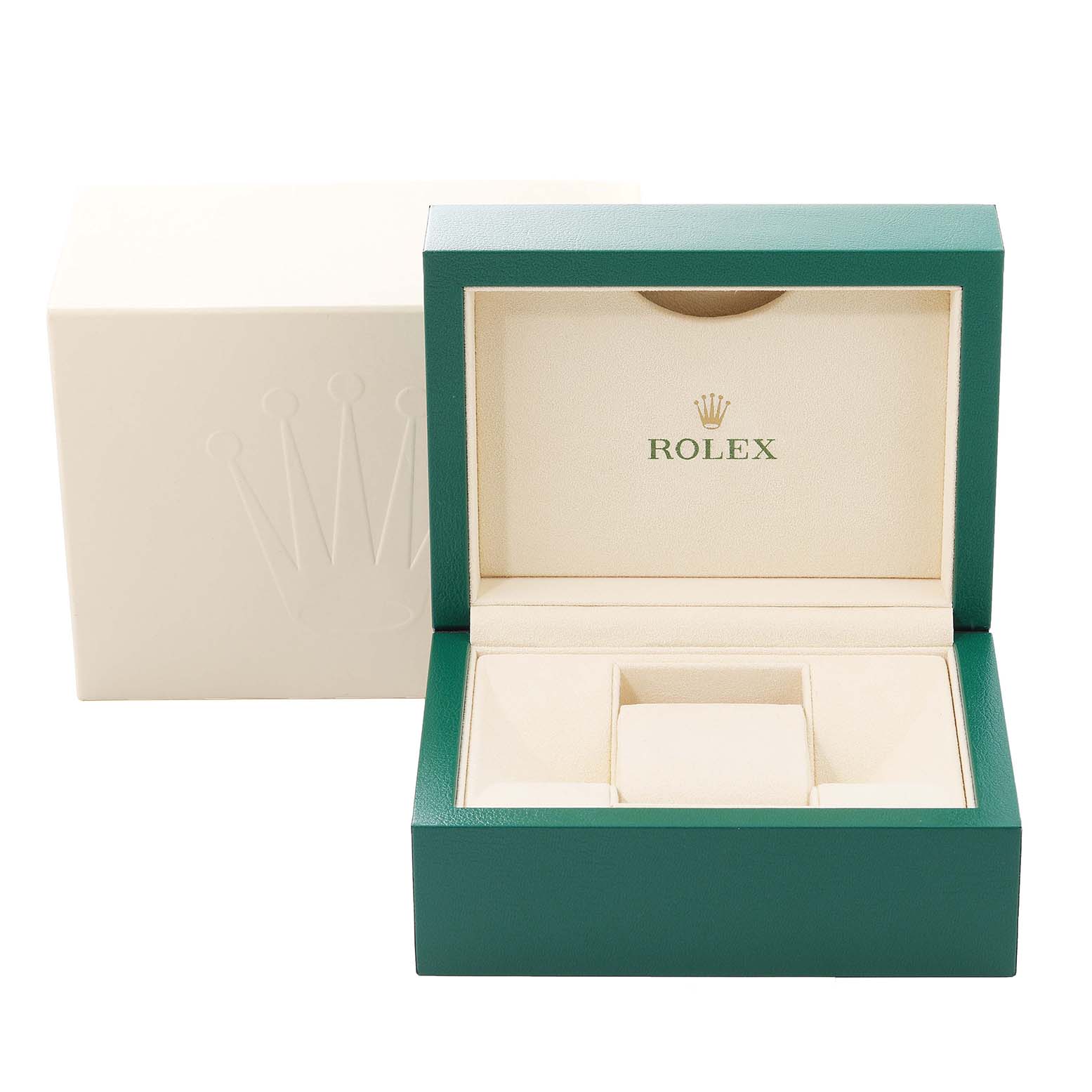 This image shows an empty green and beige watch box for the Rolex Datejust 179383 Women's Steel and Gold (two tone) Champagne Dial 179383 Women's Steel and Gold (two tone) Champagne Dial model with the lid open.