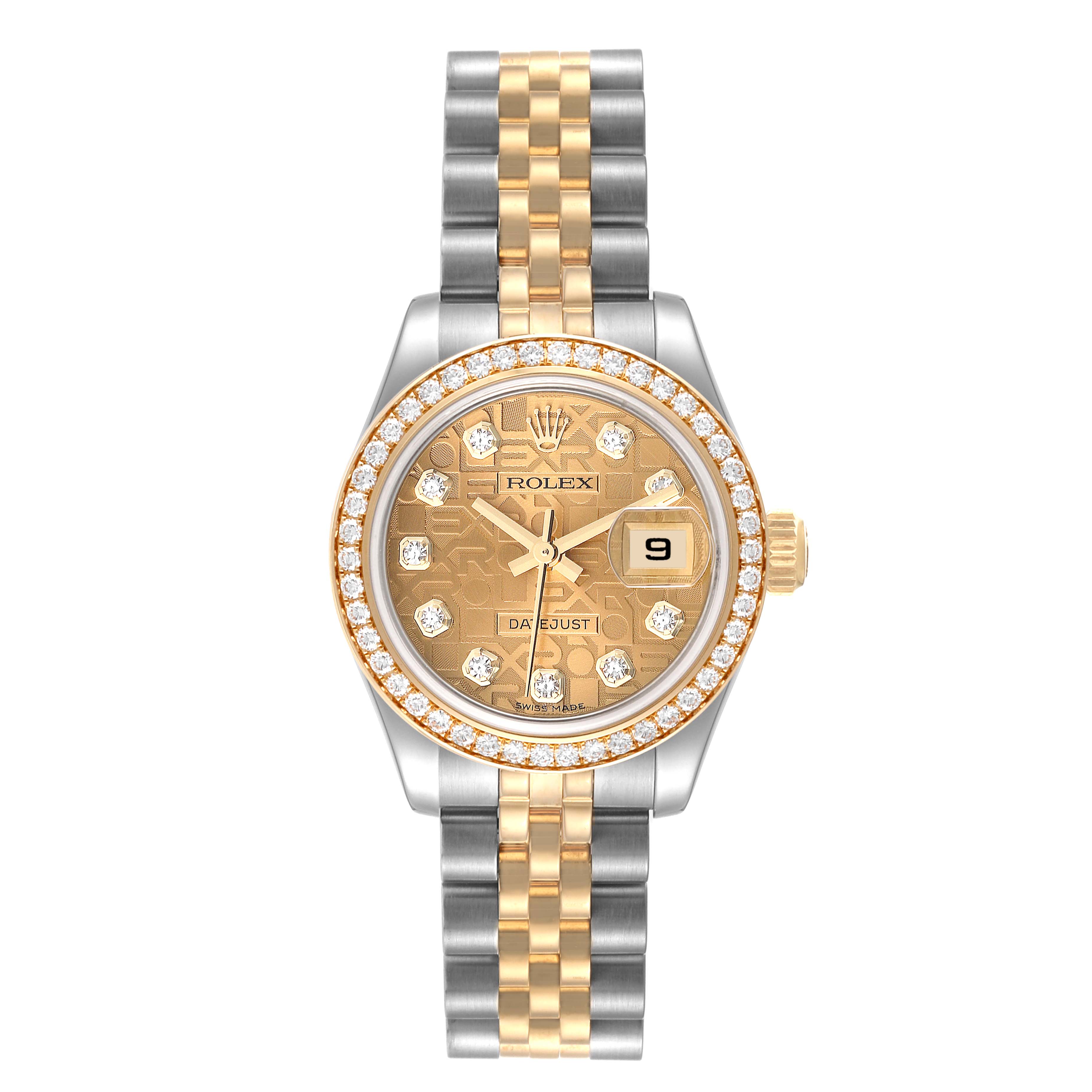 The image shows a front view of a Rolex Datejust 179383 Women's Steel and Gold (two tone) Champagne Dial 179383 Women's Steel and Gold (two tone) Champagne Dial watch, highlighting its face, bezel, and bracelet.