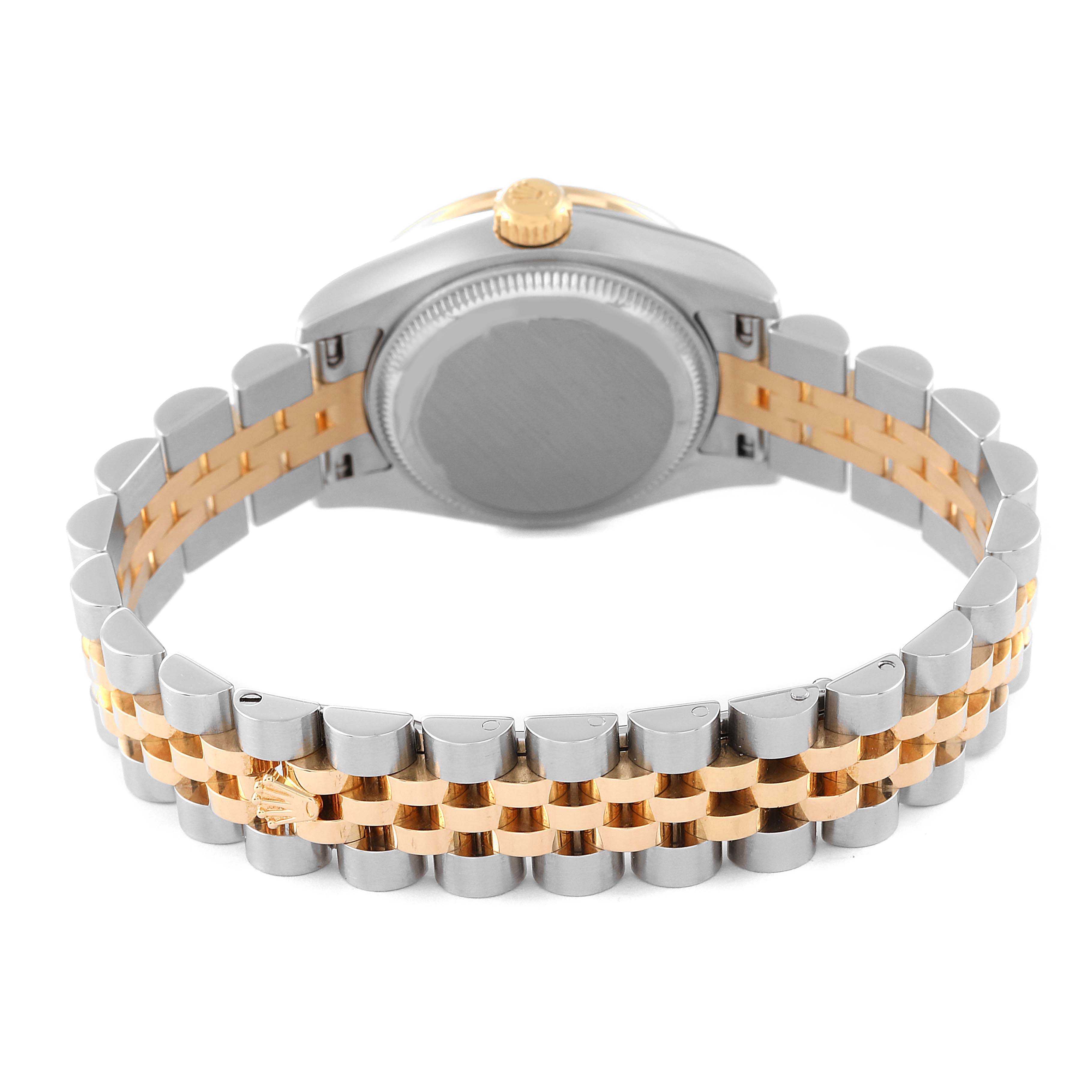 The image shows the back view of a Rolex Datejust 179383 Women's Steel and Gold (two tone) Champagne Dial 179383 Women's Steel and Gold (two tone) Champagne Dial watch, highlighting its case back and two-tone bracelet.