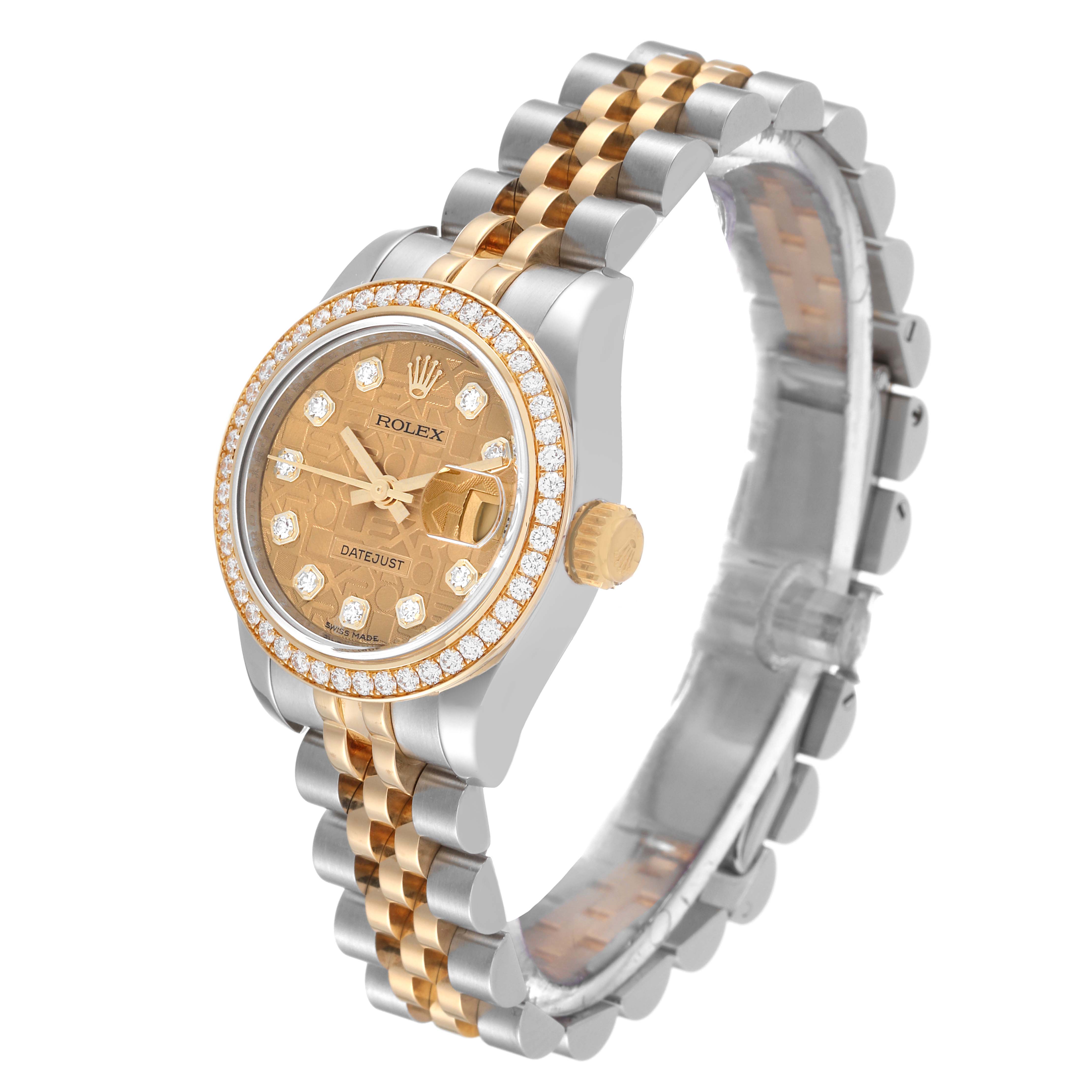 The Rolex Datejust 179383 Women's Steel and Gold (two tone) Champagne Dial 179383 Women's Steel and Gold (two tone) Champagne Dial watch is shown at a three-quarter angle showcasing its face, bezel, and two-tone bracelet.