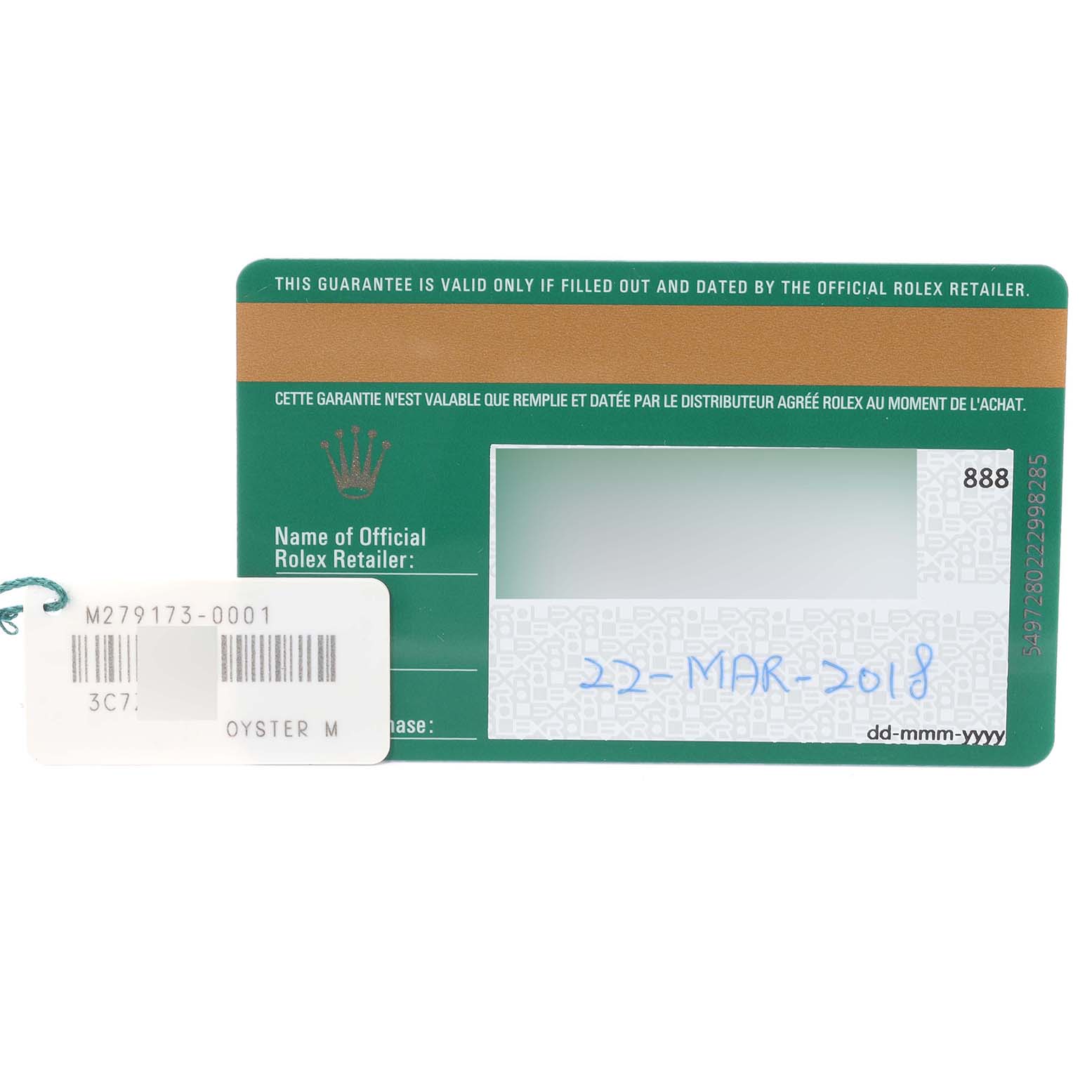 The image shows a Rolex warranty card and a tag for the Datejust model with the purchase date written on the card.