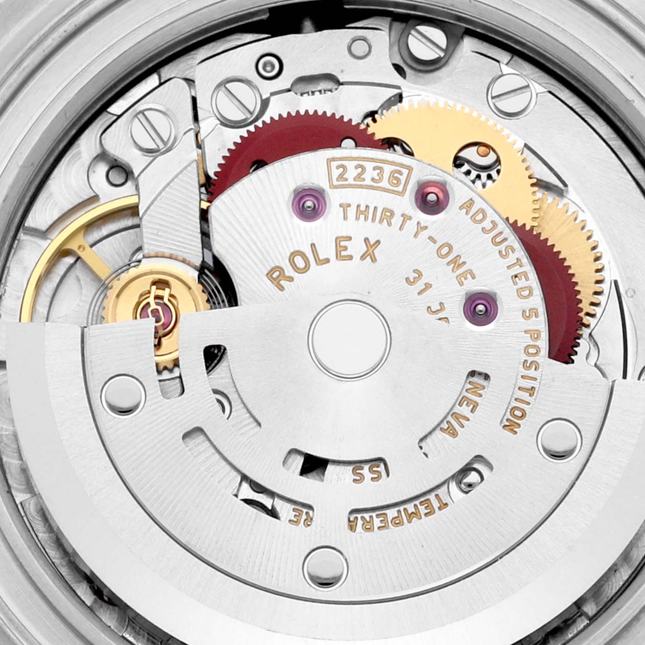 This image shows a close-up view of the inner movement mechanism of a Rolex Datejust 279173 Women's Steel and Gold (two tone) Champagne Dial 279173 Women's Steel and Gold (two tone) Champagne Dial watch.