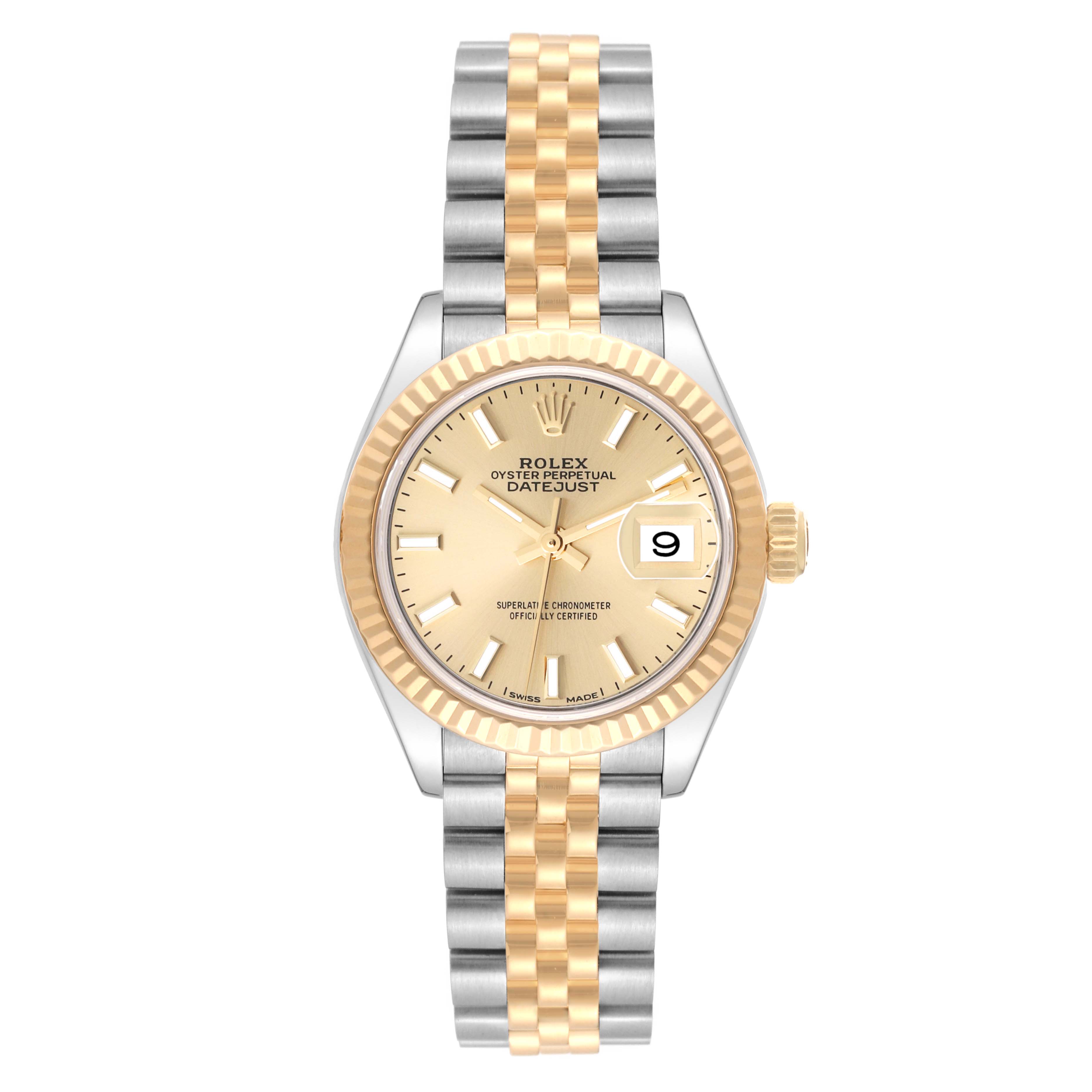 This image shows a front view of a Rolex Datejust 279173 Women's Steel and Gold (two tone) Champagne Dial 279173 Women's Steel and Gold (two tone) Champagne Dial watch featuring a two-tone bracelet, fluted bezel, and a champagne-colored dial.