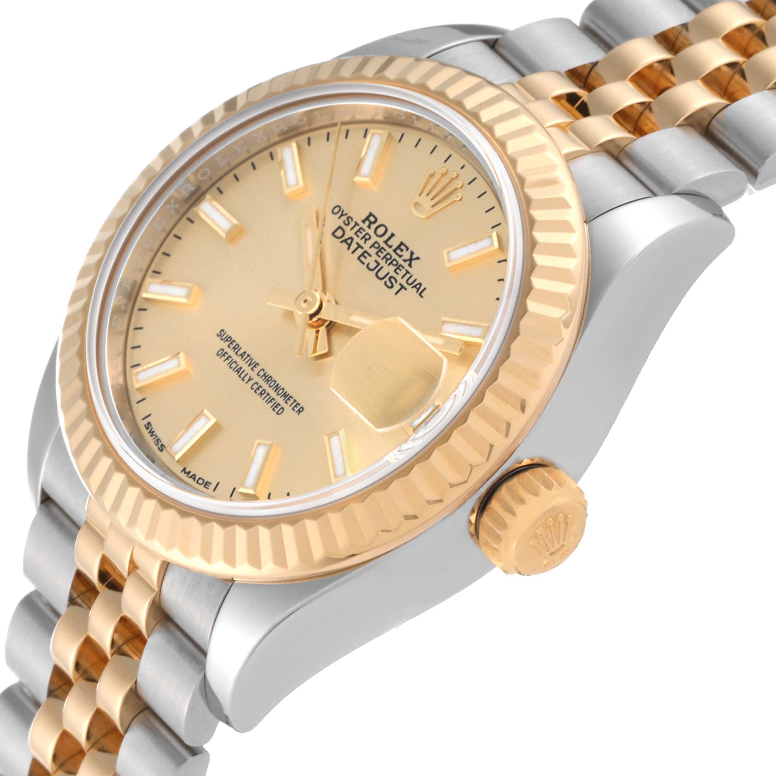 The image shows a close-up and side angle of a Rolex Datejust 279173 Women's Steel and Gold (two tone) Champagne Dial 279173 Women's Steel and Gold (two tone) Champagne Dial, highlighting the dial, bezel, crown, and Jubilee bracelet.