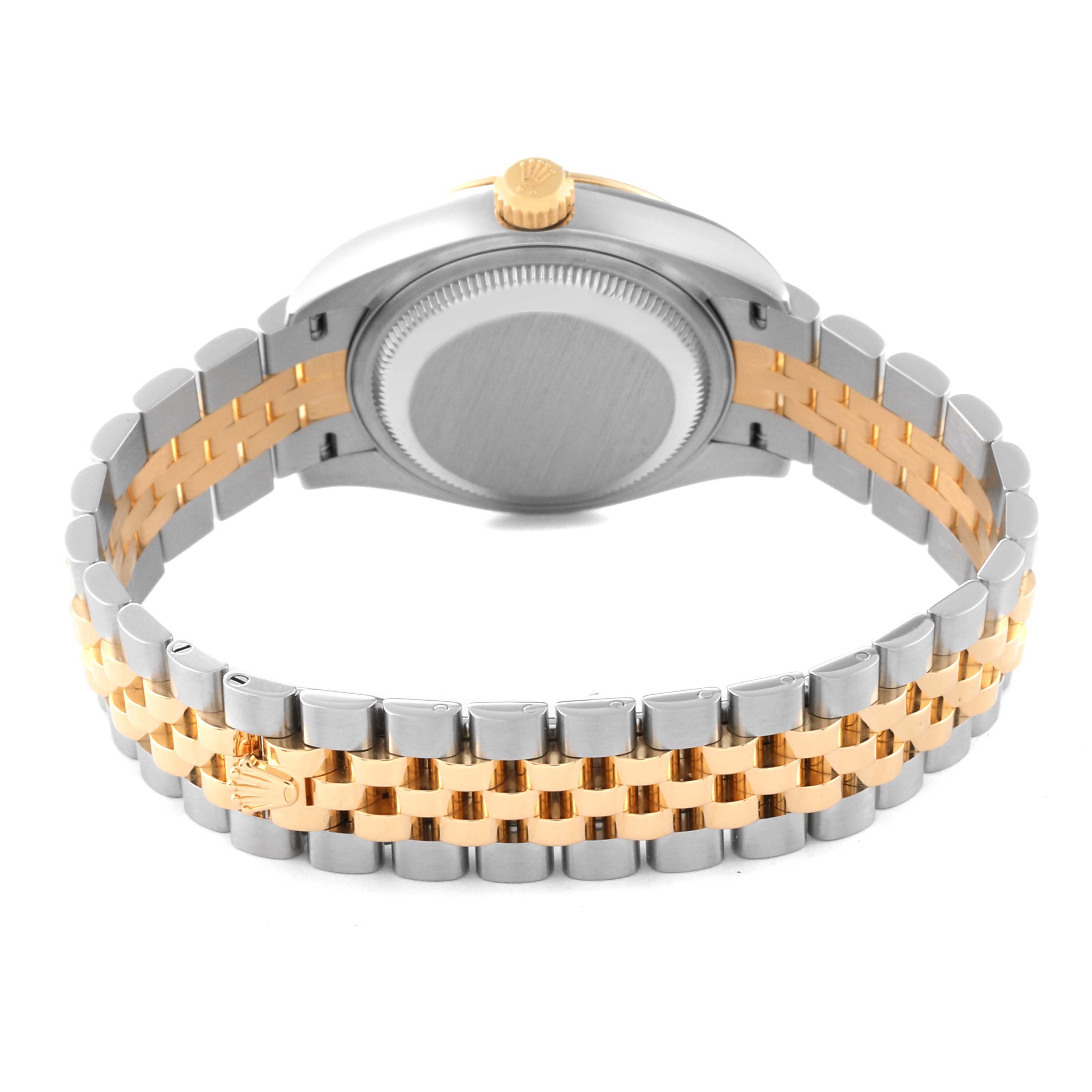 The image shows the back case and two-tone bracelet of a Rolex Datejust 279173 Women's Steel and Gold (two tone) Champagne Dial 279173 Women's Steel and Gold (two tone) Champagne Dial model watch from a rear angle.