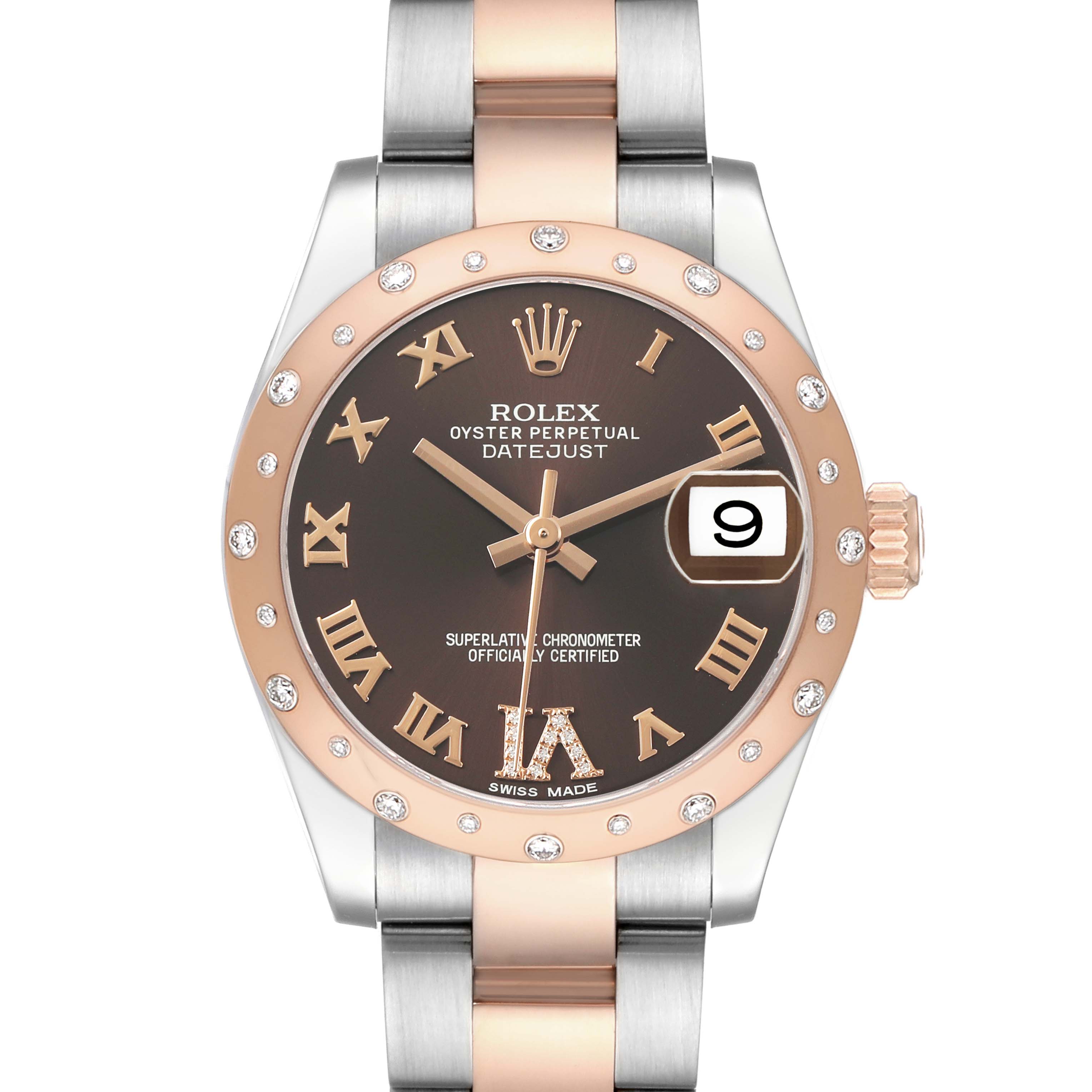 The image shows a Rolex Datejust 178341 Women's Steel and Gold (two tone) Brown Dial watch front view, displaying the dial, bezel, bracelet, crown, and date window.