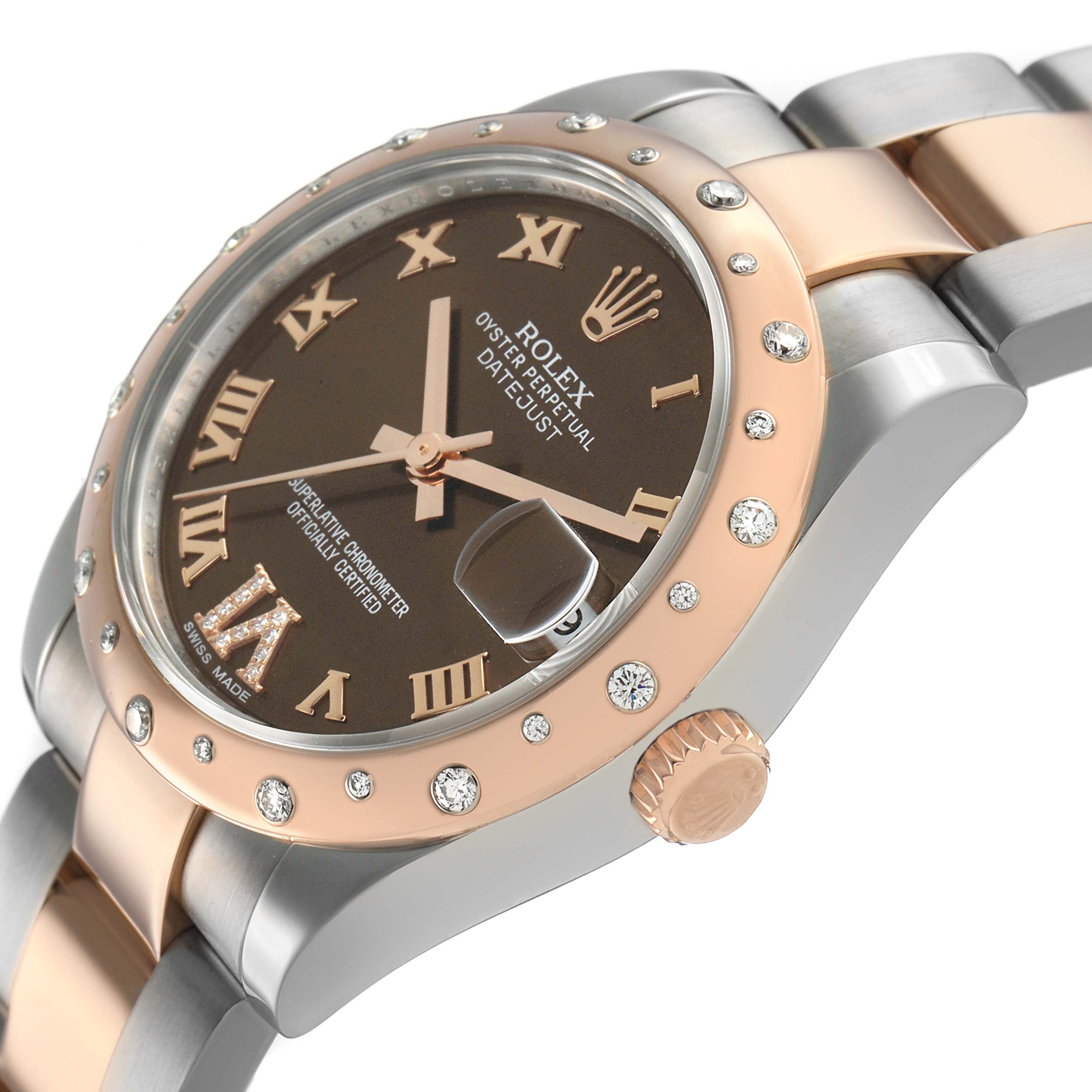 The Rolex Datejust 178341 Women's Steel and Gold (two tone) Brown Dial watch is shown at an angled side view, highlighting the bezel, crown, and bracelet.