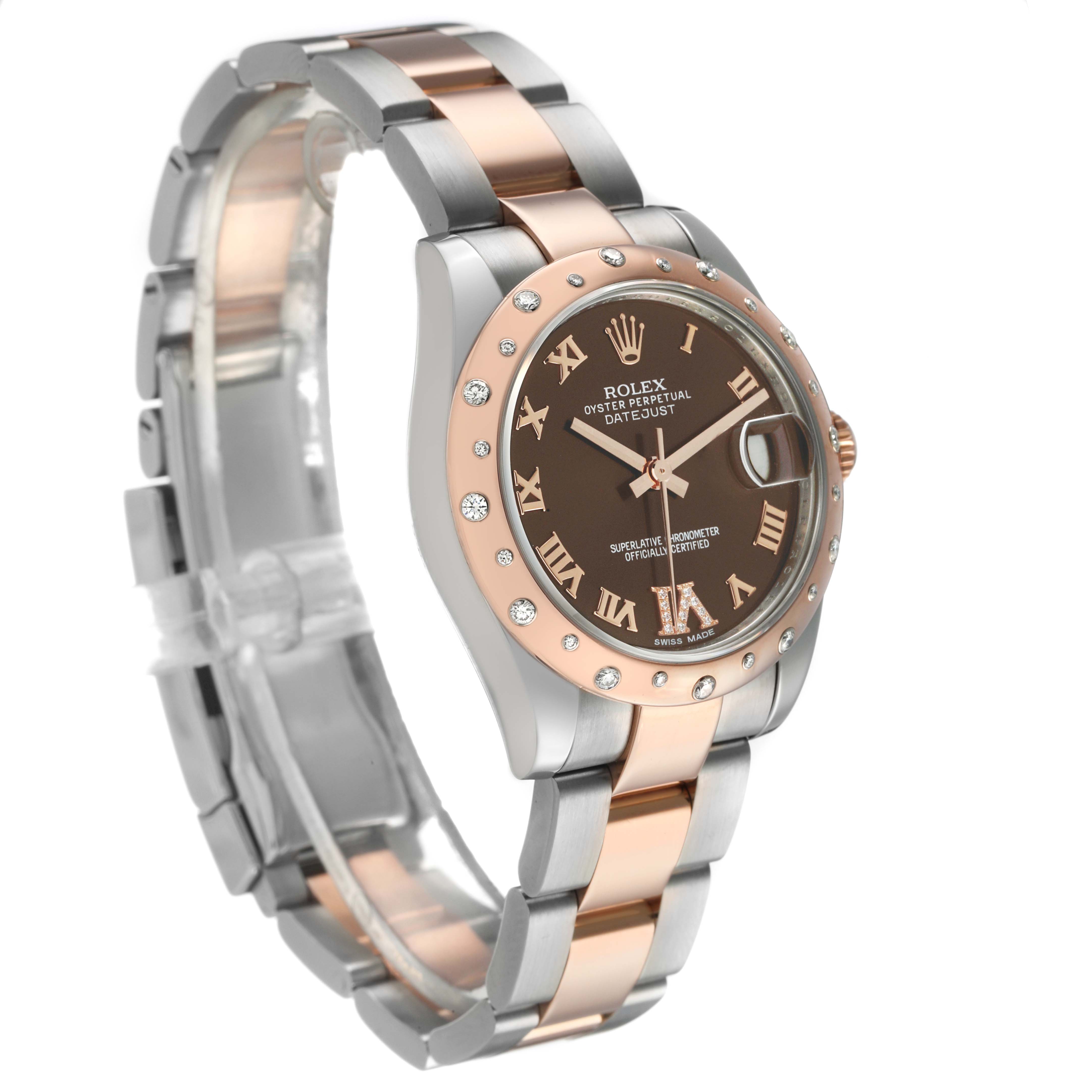 The Rolex Datejust 178341 Women's Steel and Gold (two tone) Brown Dial watch is shown at a tilted angle, highlighting the dial, bezel, and two-tone bracelet.