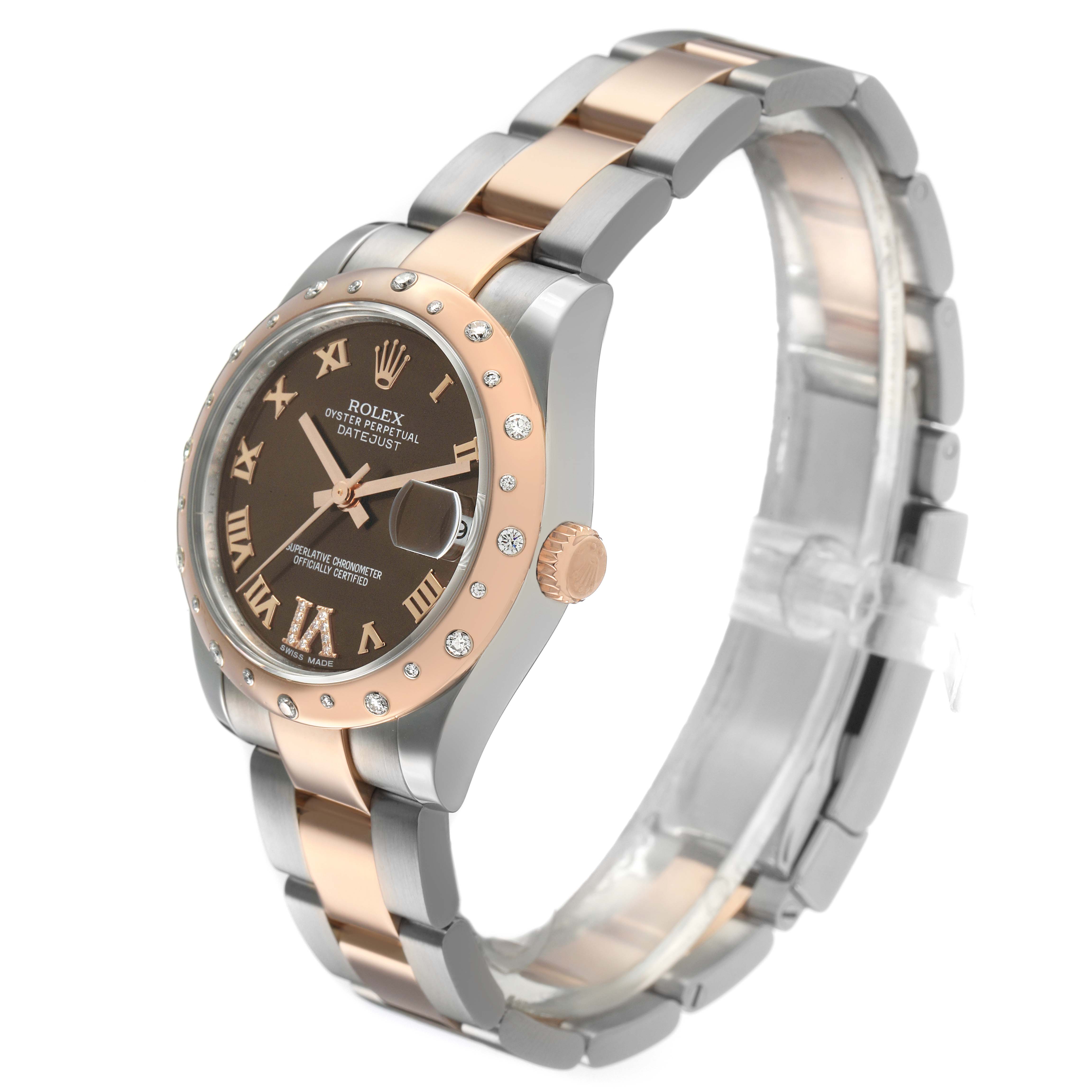 The Rolex Datejust 178341 Women's Steel and Gold (two tone) Brown Dial watch is shown at an angle highlighting its face, bezel, and two-tone bracelet.