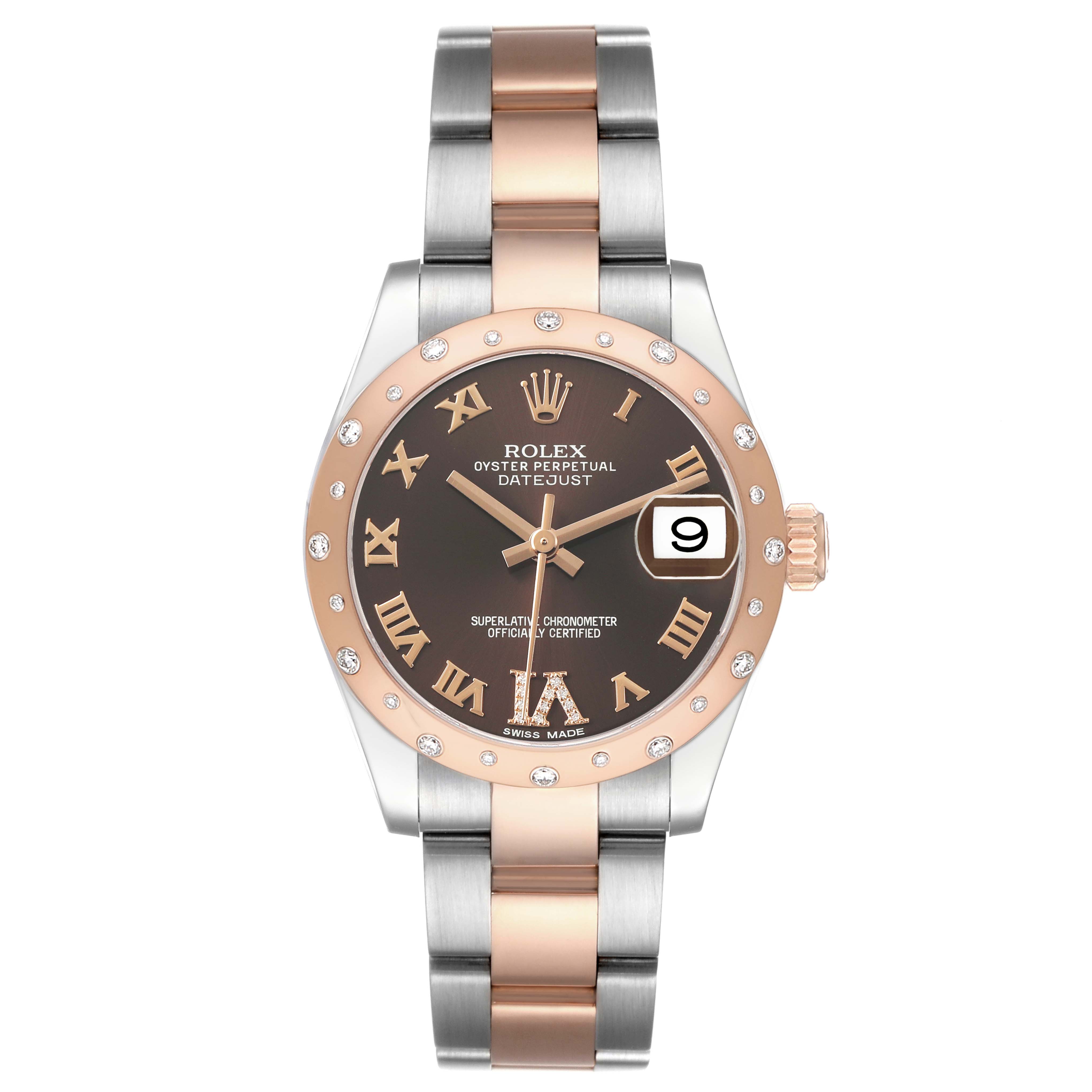 The Rolex Datejust 178341 Women's Steel and Gold (two tone) Brown Dial watch is shown from a top-down angle, highlighting its dial, bezel, and bracelet.