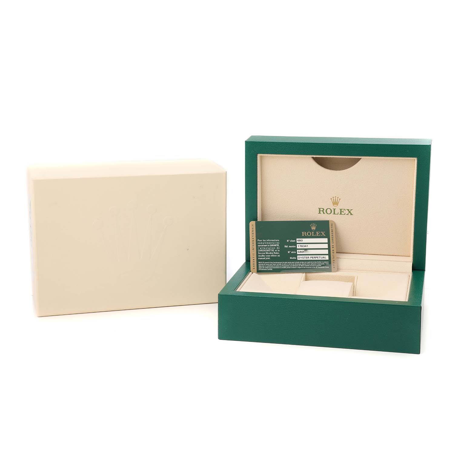 The image shows the Rolex Datejust 178341 Women's Steel and Gold (two tone) Brown Dial's green box, warranty card, and outer cardboard cover.