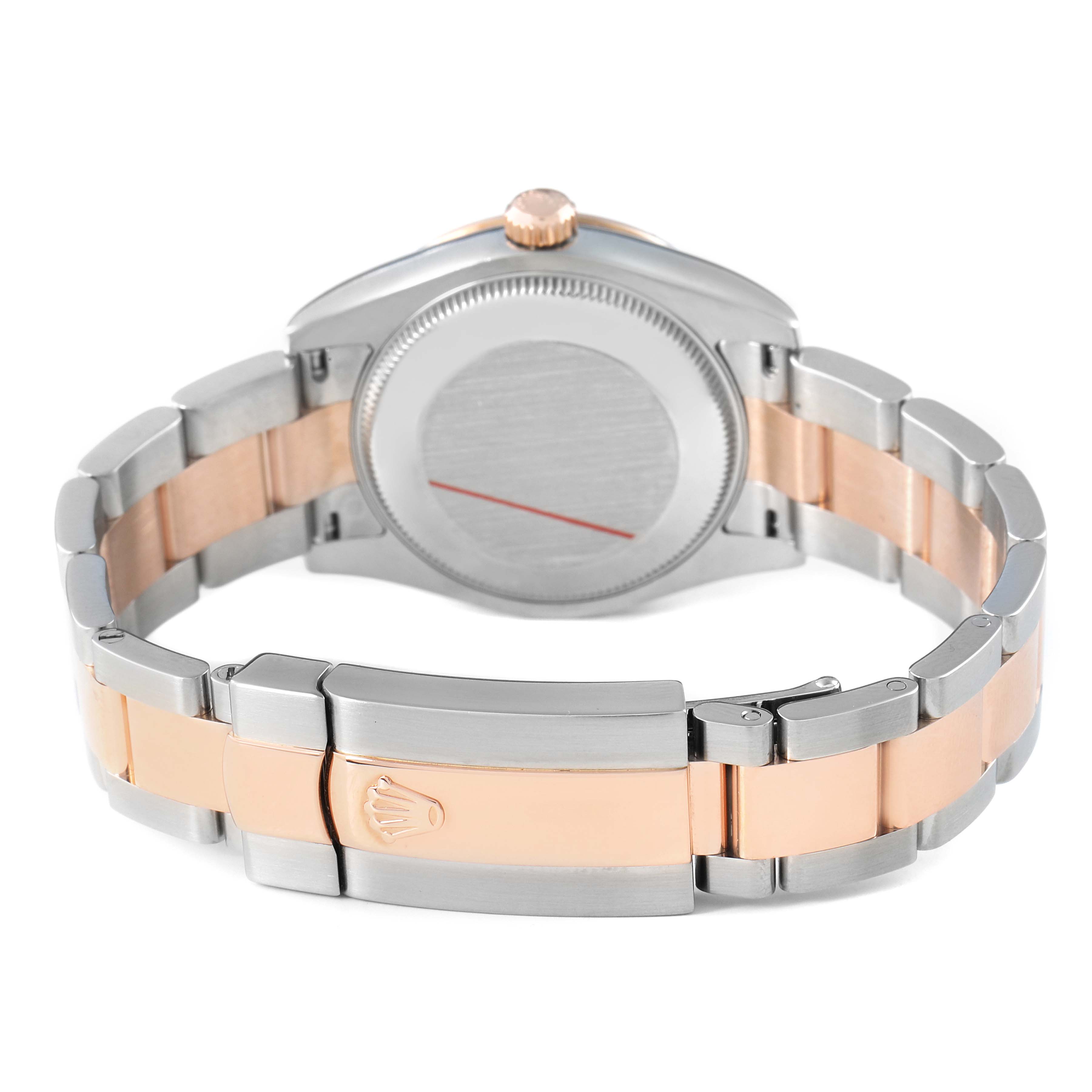 The image shows the back case and bracelet clasp of a Rolex Datejust 178341 Women's Steel and Gold (two tone) Brown Dial watch from a rear angle.