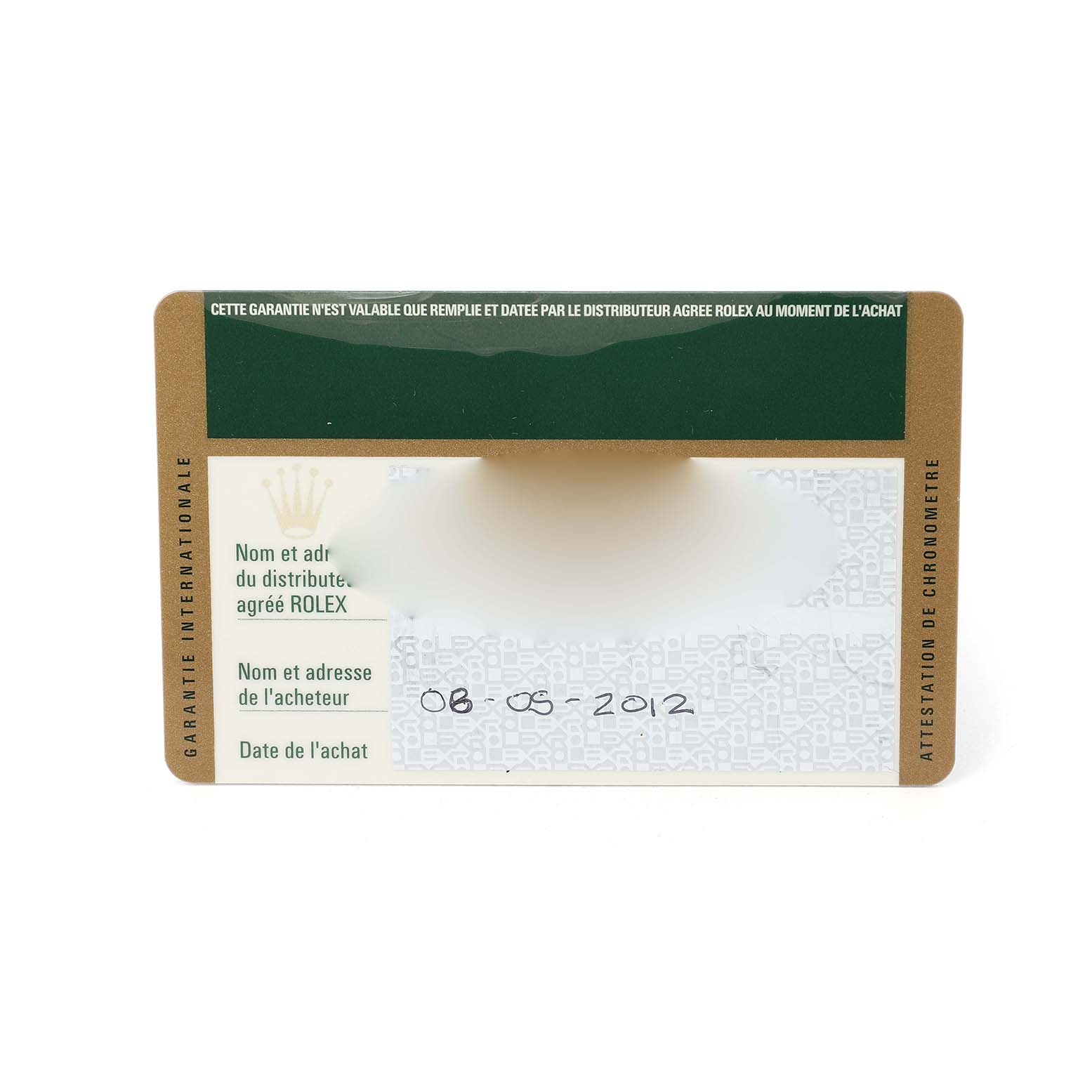 This image shows a Rolex Datejust 178341 Women's Steel and Gold (two tone) Brown Dial warranty card featuring the purchase date and other details.