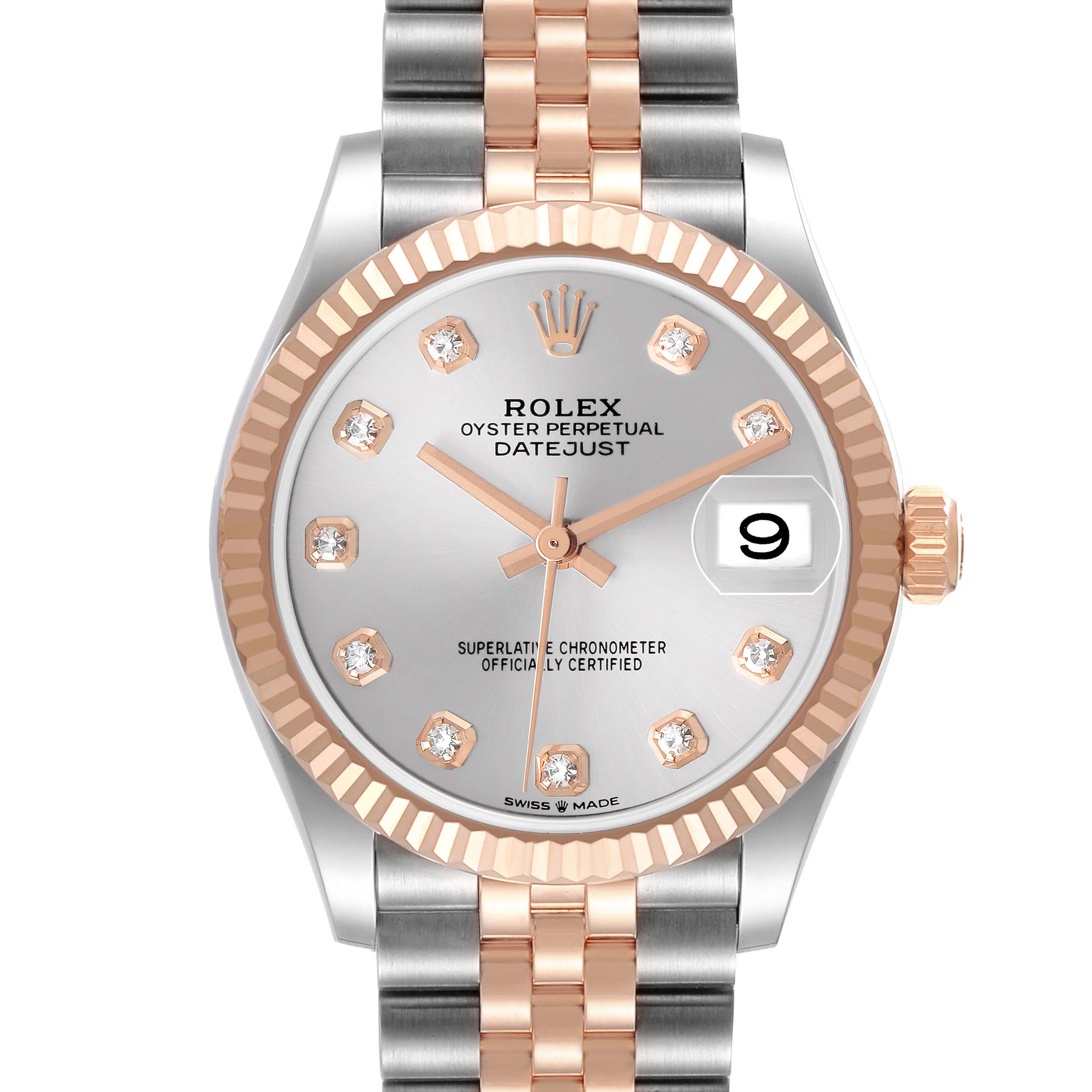 The Rolex Datejust 278271 Women's Stainless Steel Silver Dial is shown from a front angle, highlighting the dial, bezel, crown, and part of the bracelet.