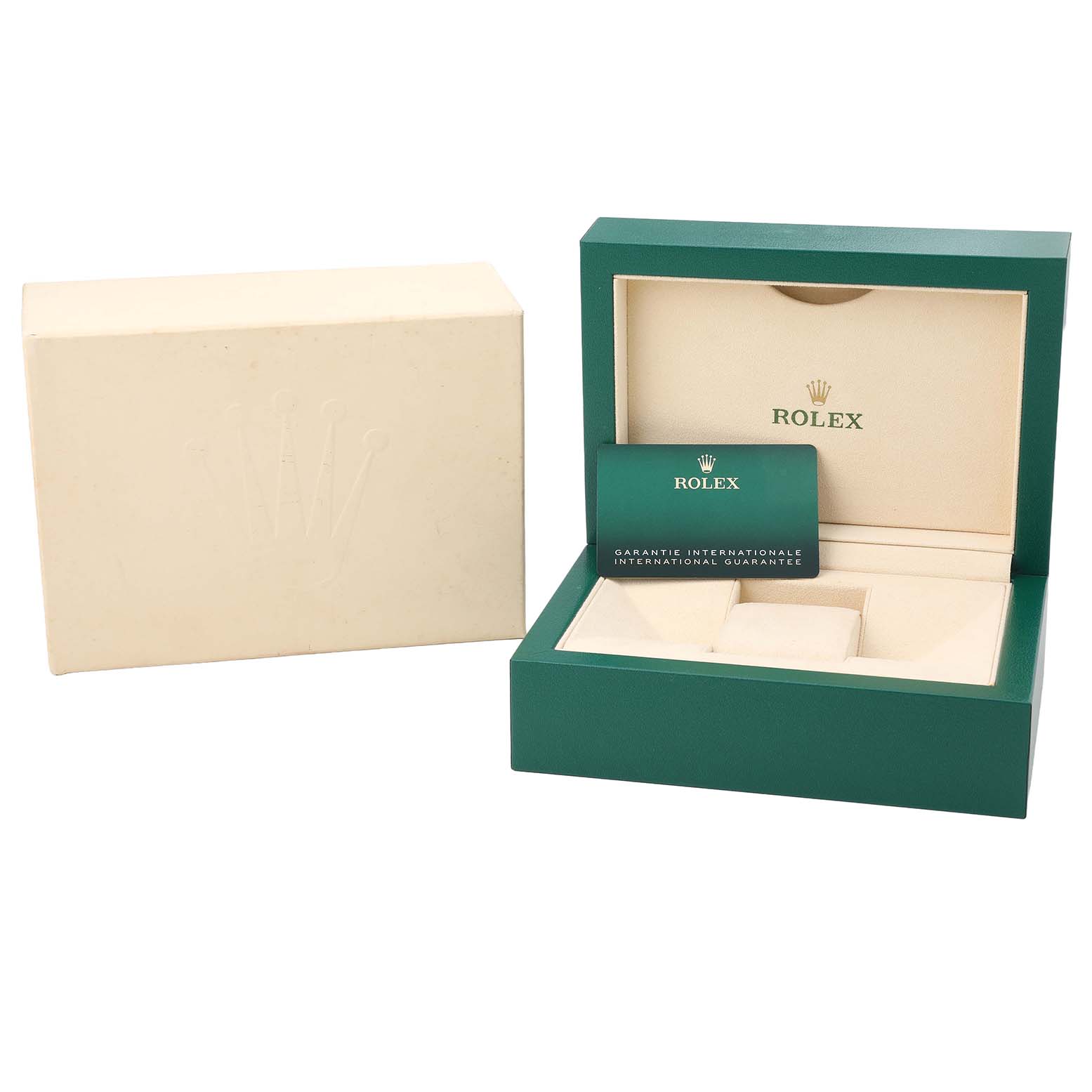 The image shows the Rolex Datejust 278271 Women's Stainless Steel Silver Dial packaging with an open green box and warranty card, viewed from the front.