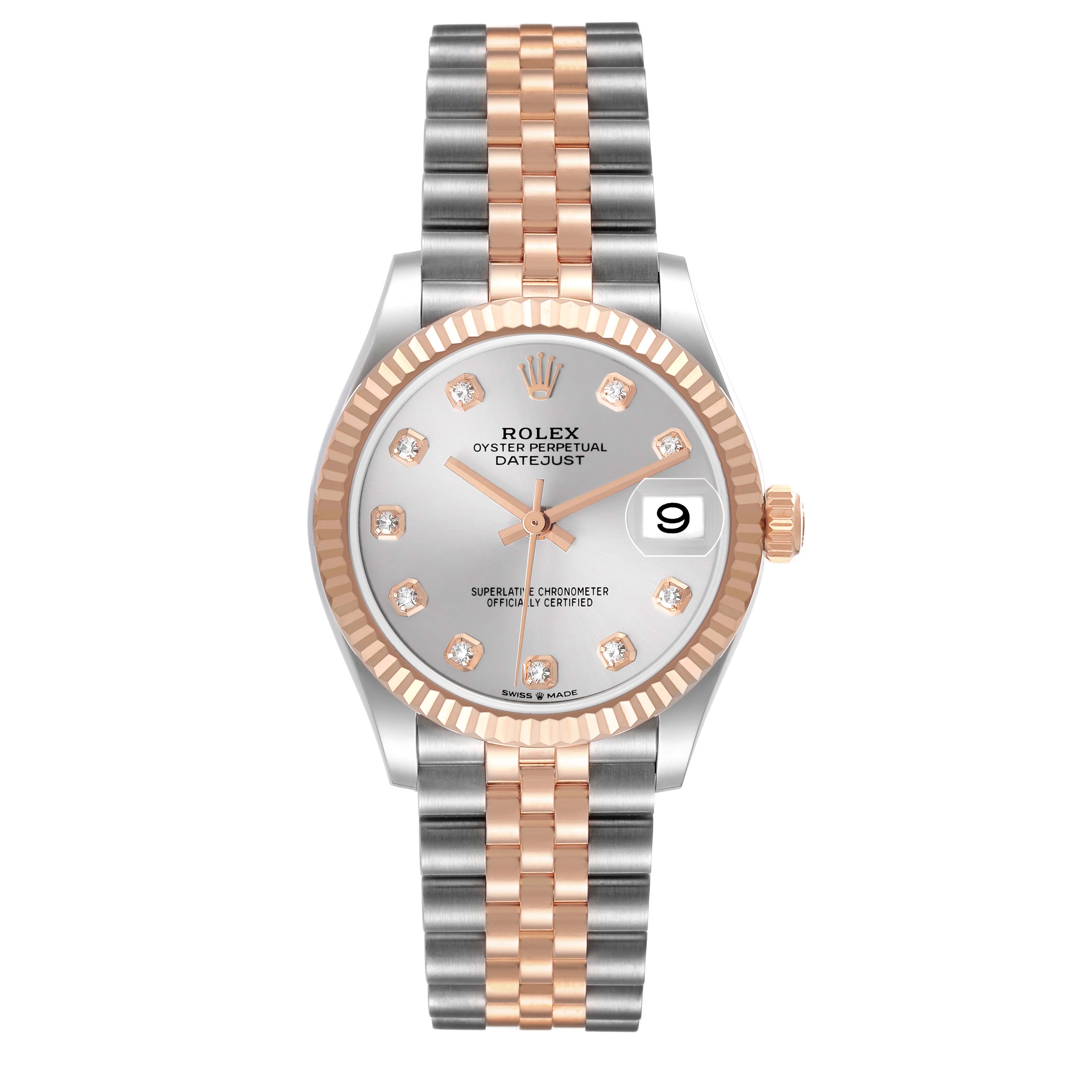The Rolex Datejust 278271 Women's Stainless Steel Silver Dial watch is shown from the front, highlighting the dial, bezel, and bracelet.