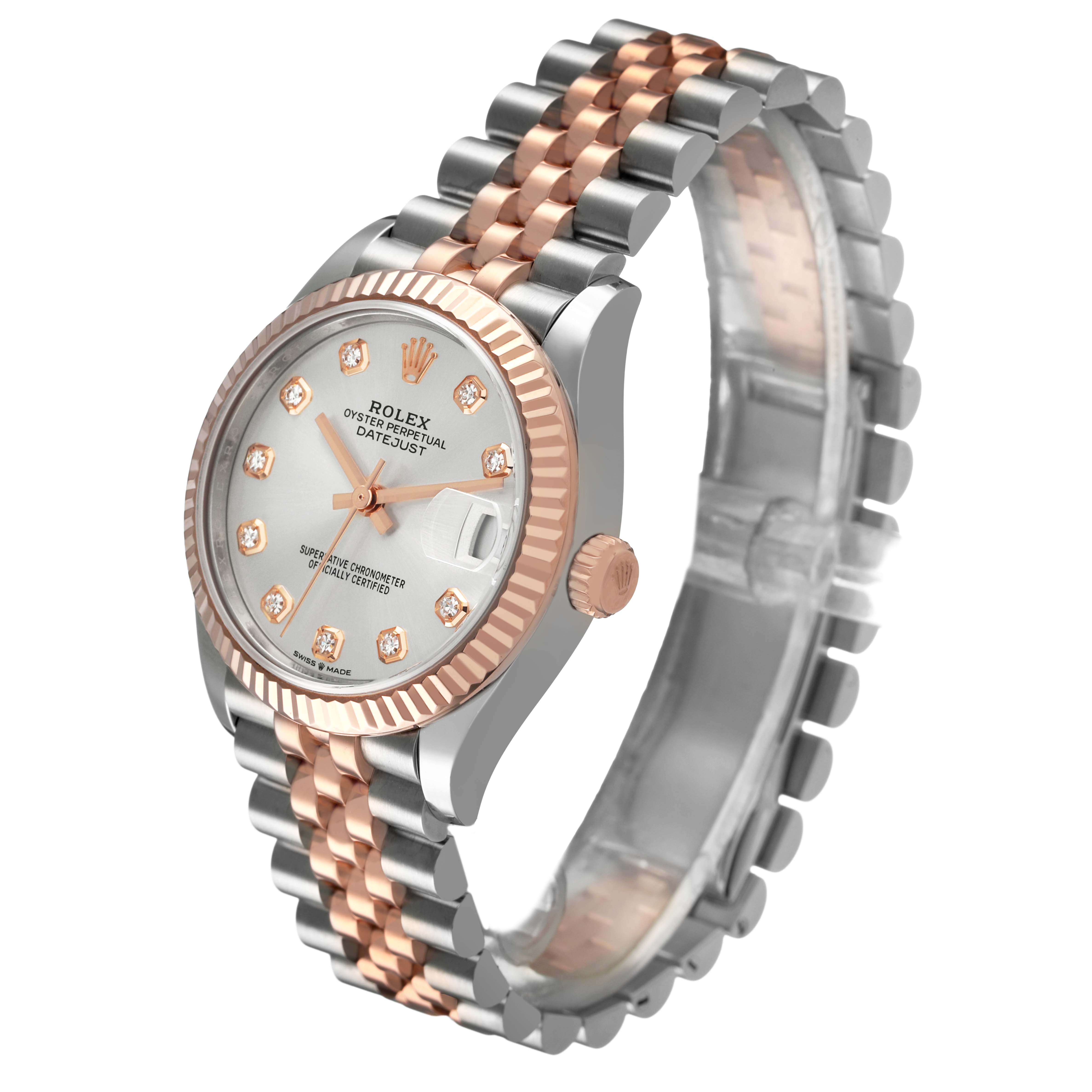 The Rolex Datejust 278271 Women's Stainless Steel Silver Dial watch is shown at a three-quarter angle, displaying the dial, fluted bezel, and two-tone Jubilee bracelet.