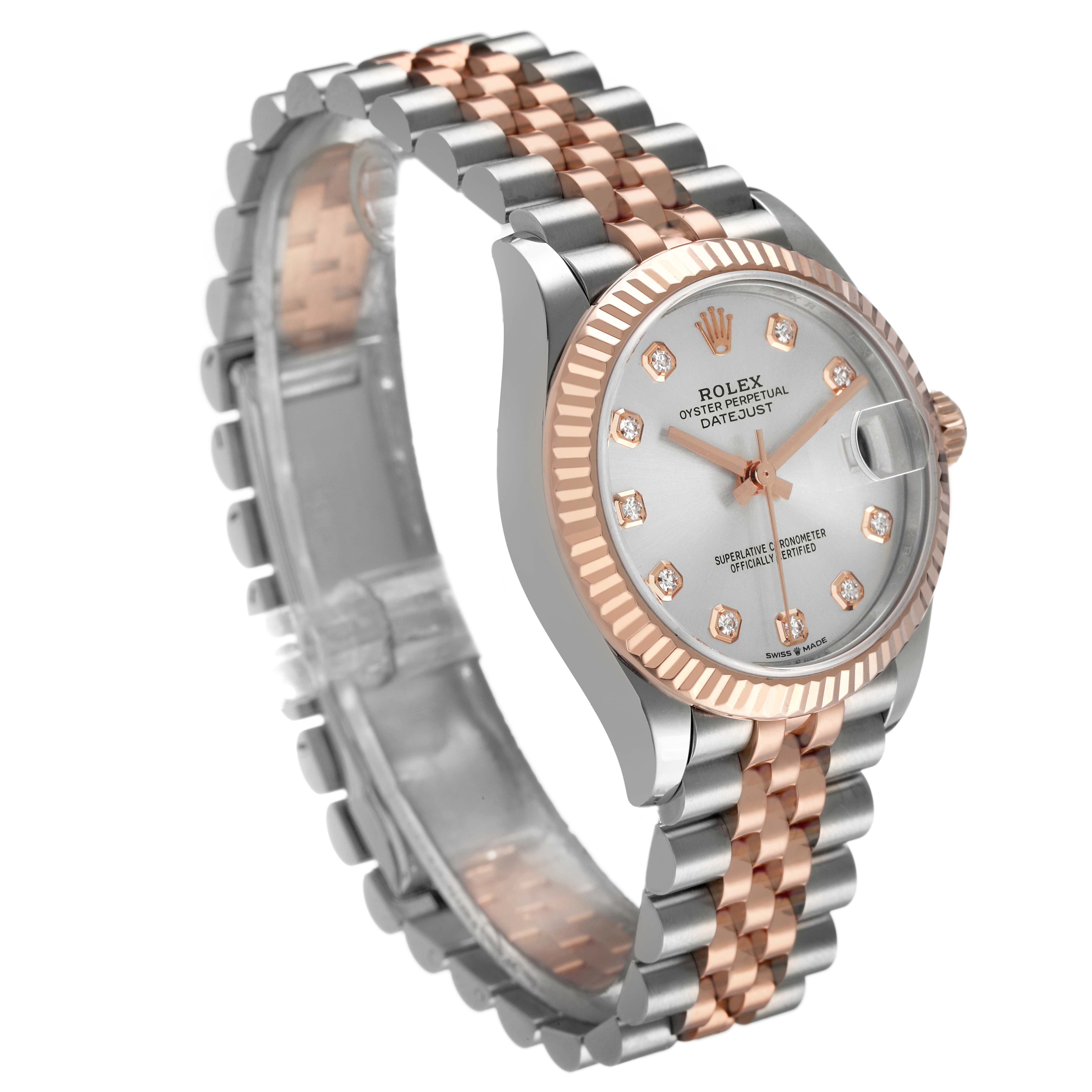 The Rolex Datejust 278271 Women's Stainless Steel Silver Dial watch is shown from a three-quarter angle, highlighting the face, bezel, and two-tone bracelet.