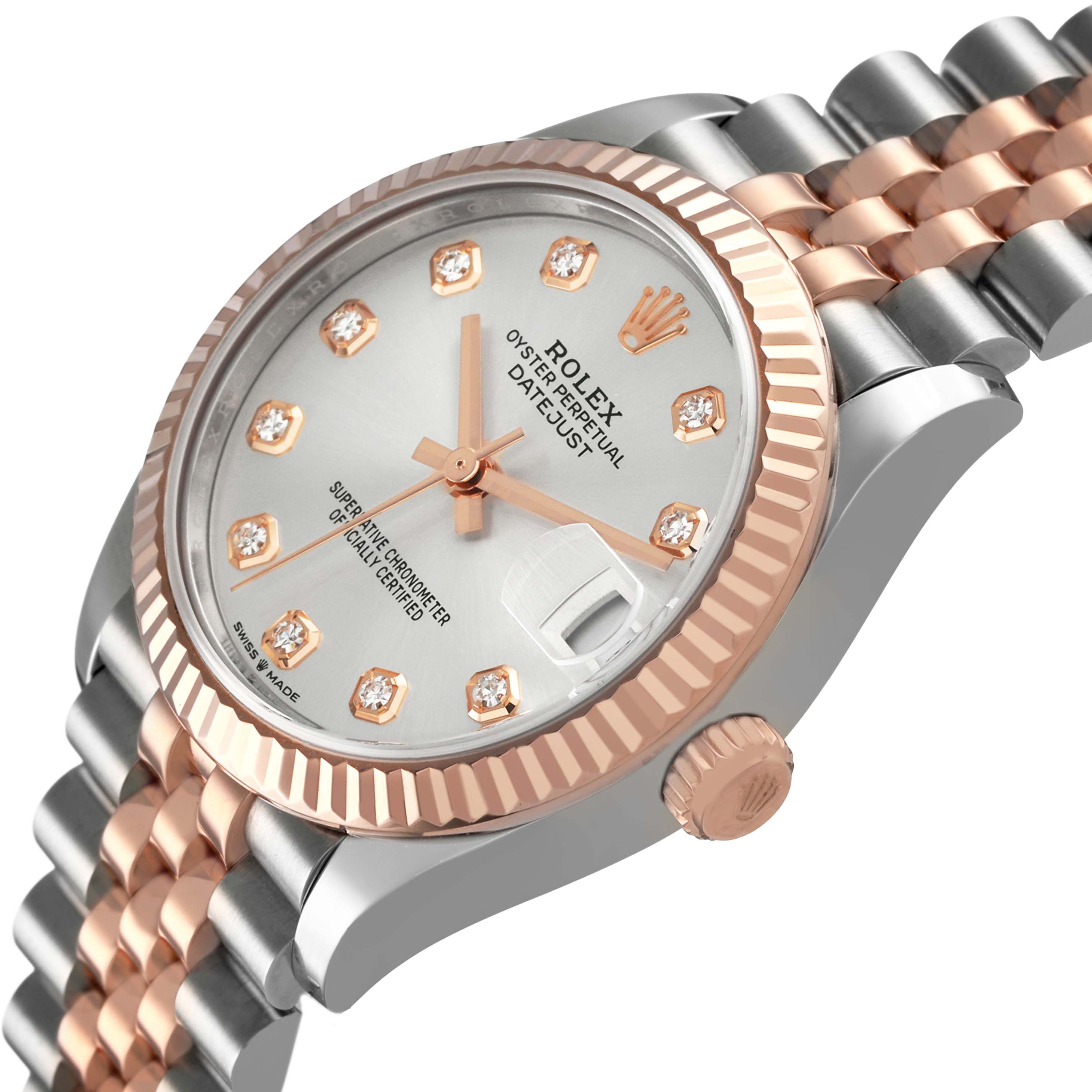 The Rolex Datejust 278271 Women's Stainless Steel Silver Dial watch is shown at an angled view, highlighting the case, bezel, crown, and part of the bracelet.