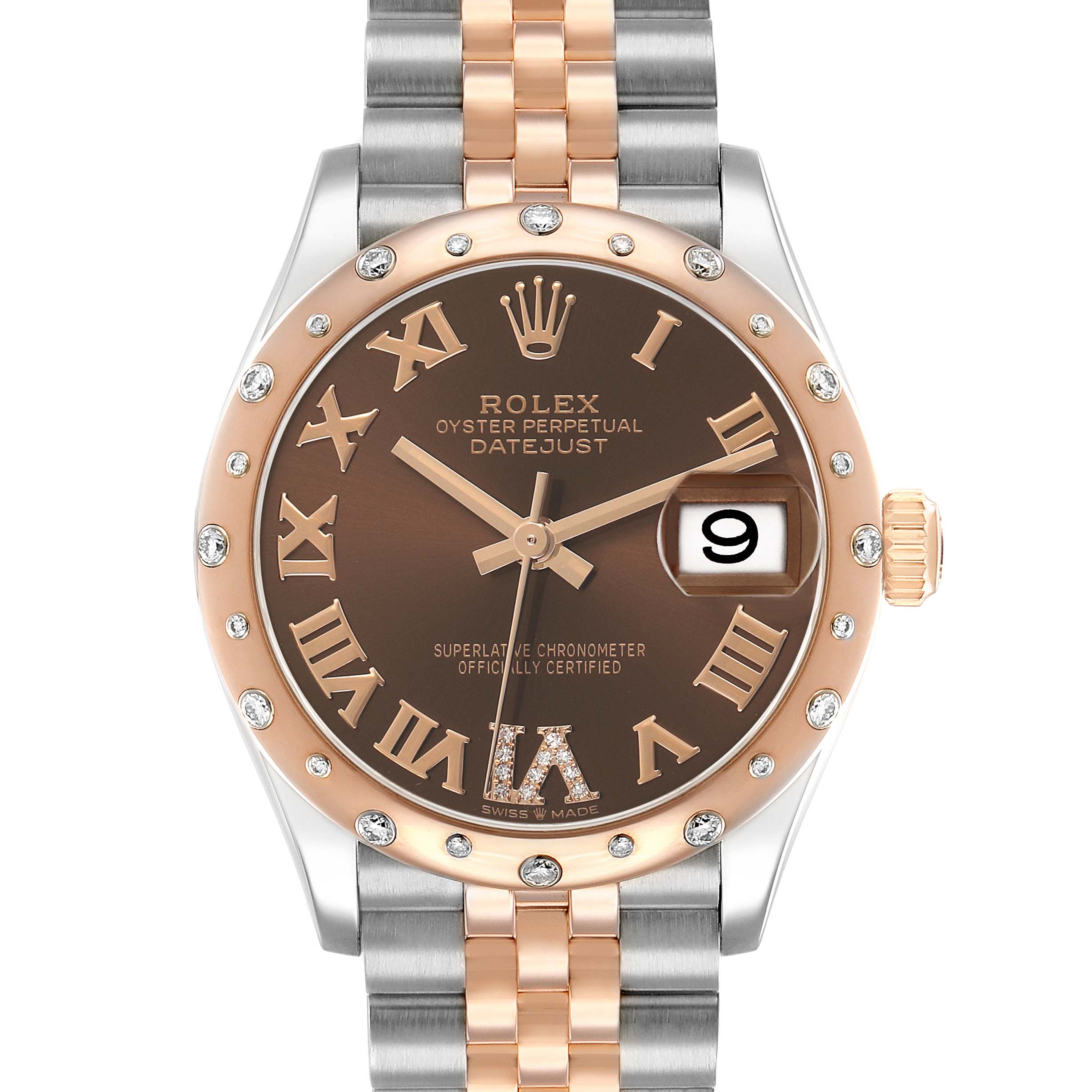The Rolex Datejust 278341 Women's Steel and Gold (two tone) Brown Dial watch is shown from the front, highlighting the bezel, dial, bracelet, and cyclops lens over the date.
