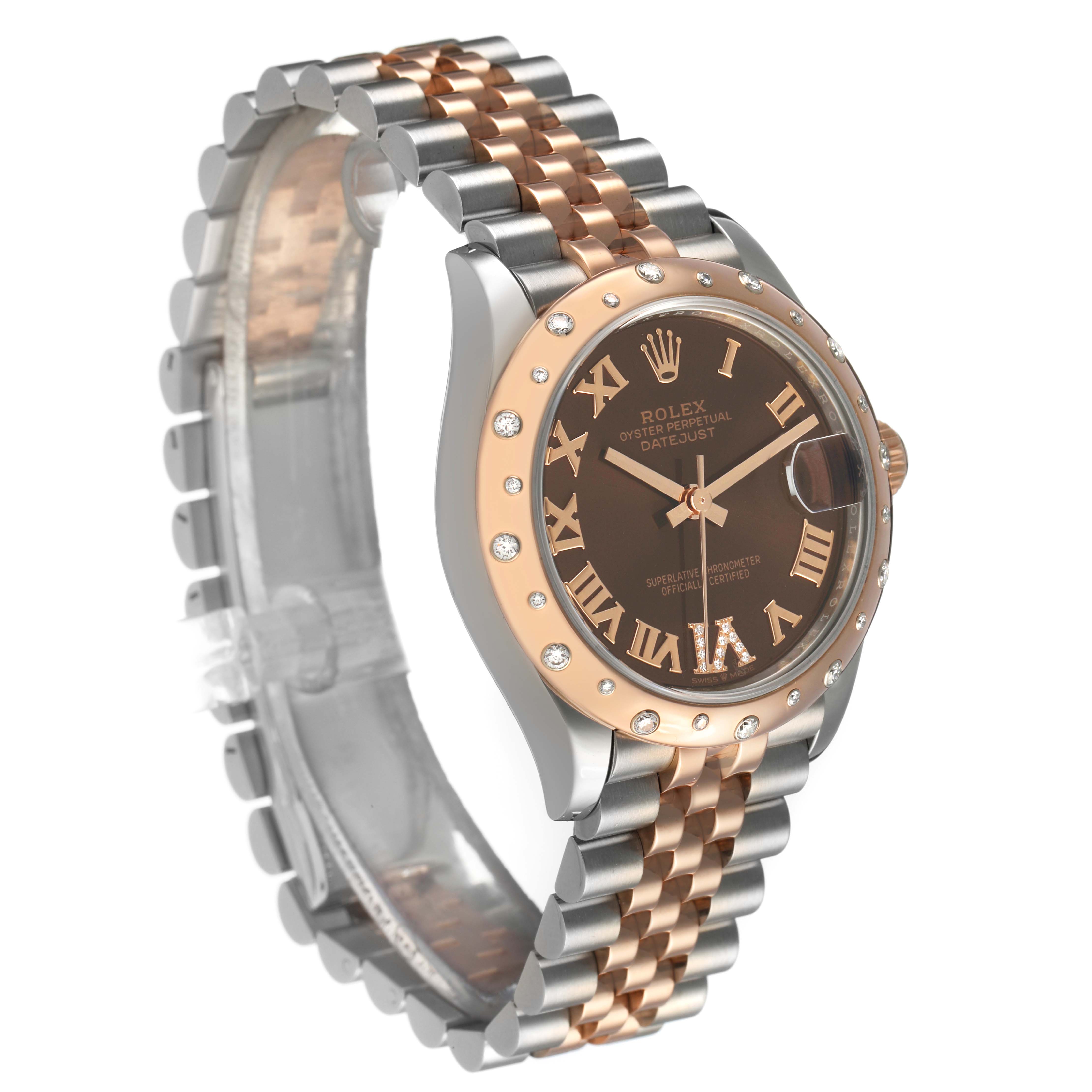 The Rolex Datejust 278341 Women's Steel and Gold (two tone) Brown Dial watch is shown at a slight angle, highlighting the face, bezel, and two-tone bracelet.