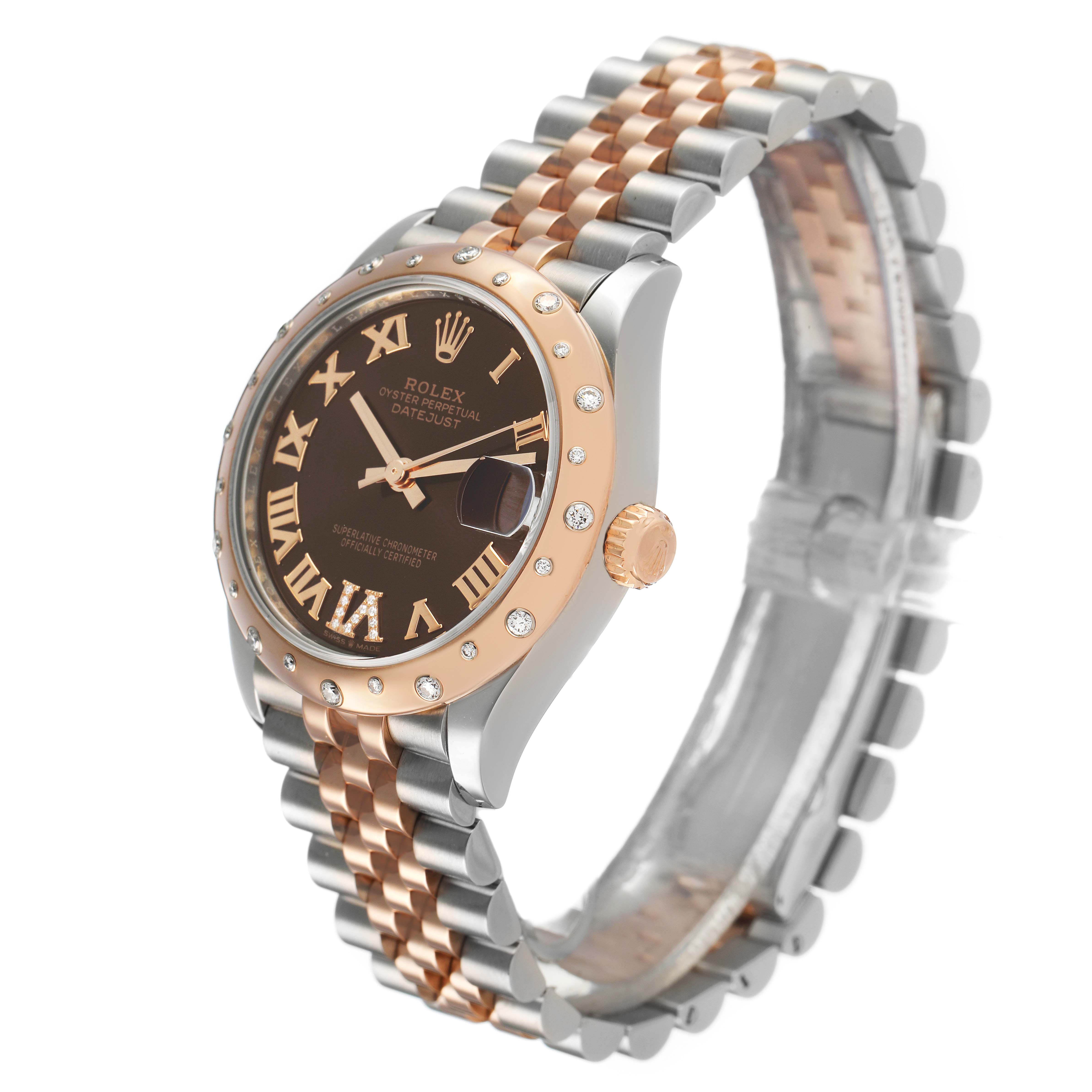 The Rolex Datejust 278341 Women's Steel and Gold (two tone) Brown Dial watch is shown at a three-quarter angle, highlighting the bezel, dial, crown, and two-tone bracelet.