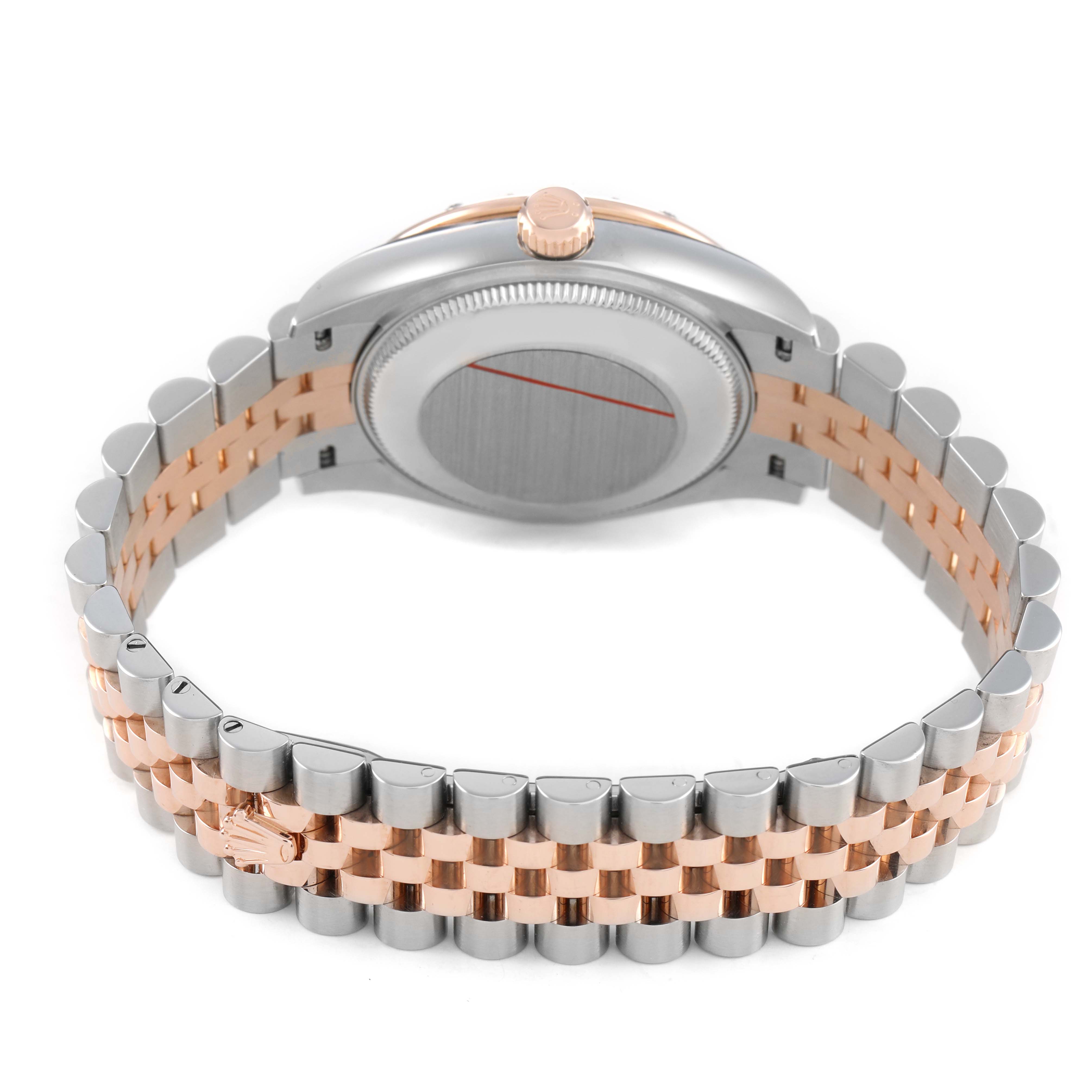 The image shows the back view of a Rolex Datejust 278341 Women's Steel and Gold (two tone) Brown Dial watch, highlighting the case back and two-tone bracelet.