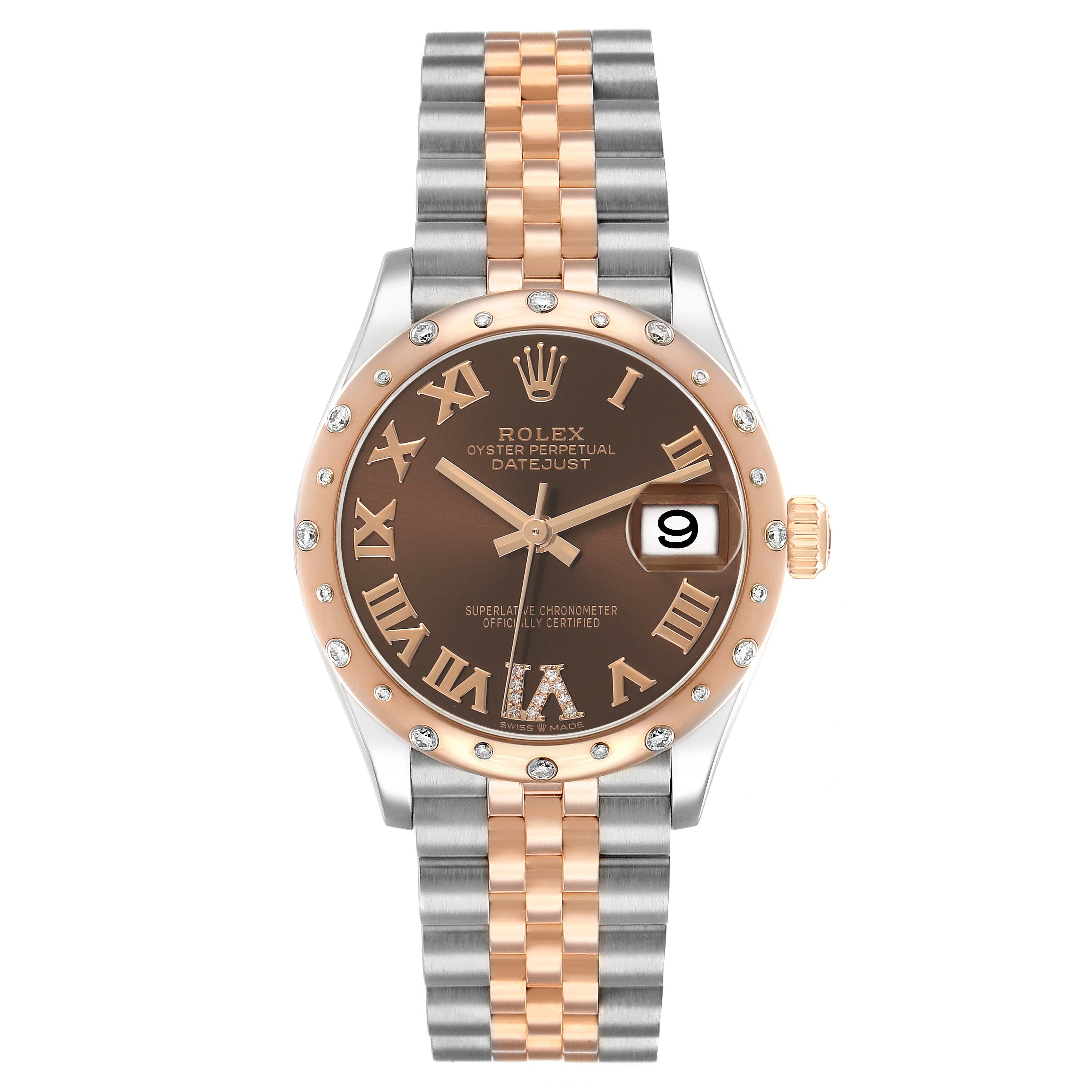 The Rolex Datejust 278341 Women's Steel and Gold (two tone) Brown Dial watch is shown from a top-down angle, featuring the dial, case, bezel, and bracelet.