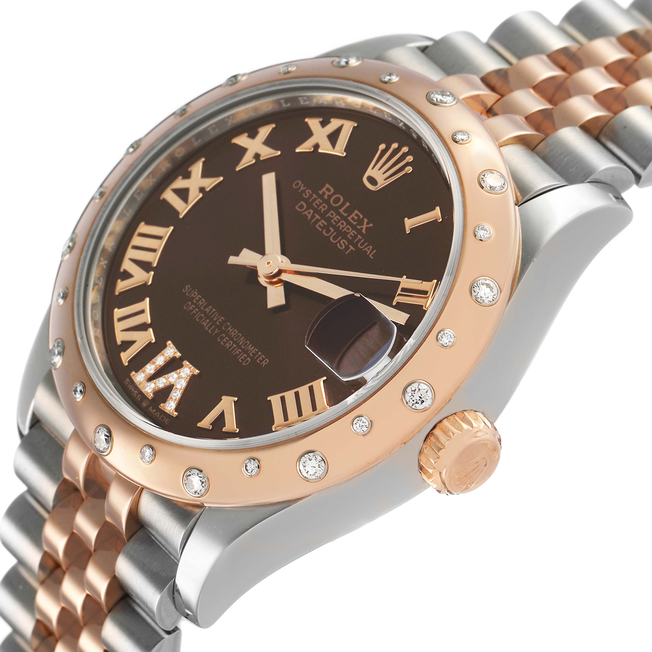 The Rolex Datejust 278341 Women's Steel and Gold (two tone) Brown Dial watch is shown at an angle highlighting the dial, bezel, bracelet, and crown.