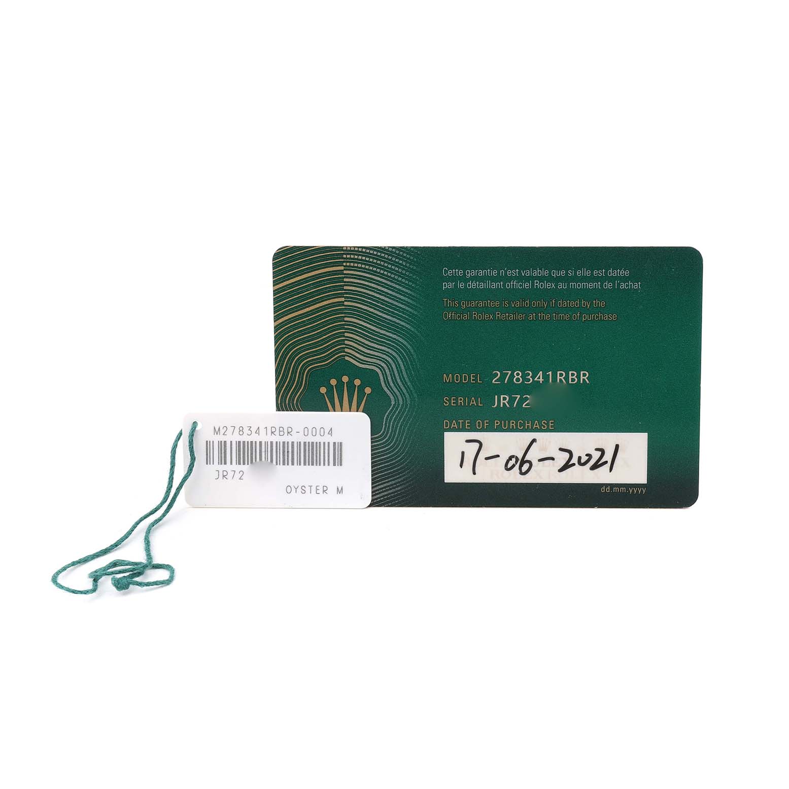 The image shows a guarantee card and tag for a Rolex Datejust 278341 Women's Steel and Gold (two tone) Brown Dial watch, displaying the model and serial number.