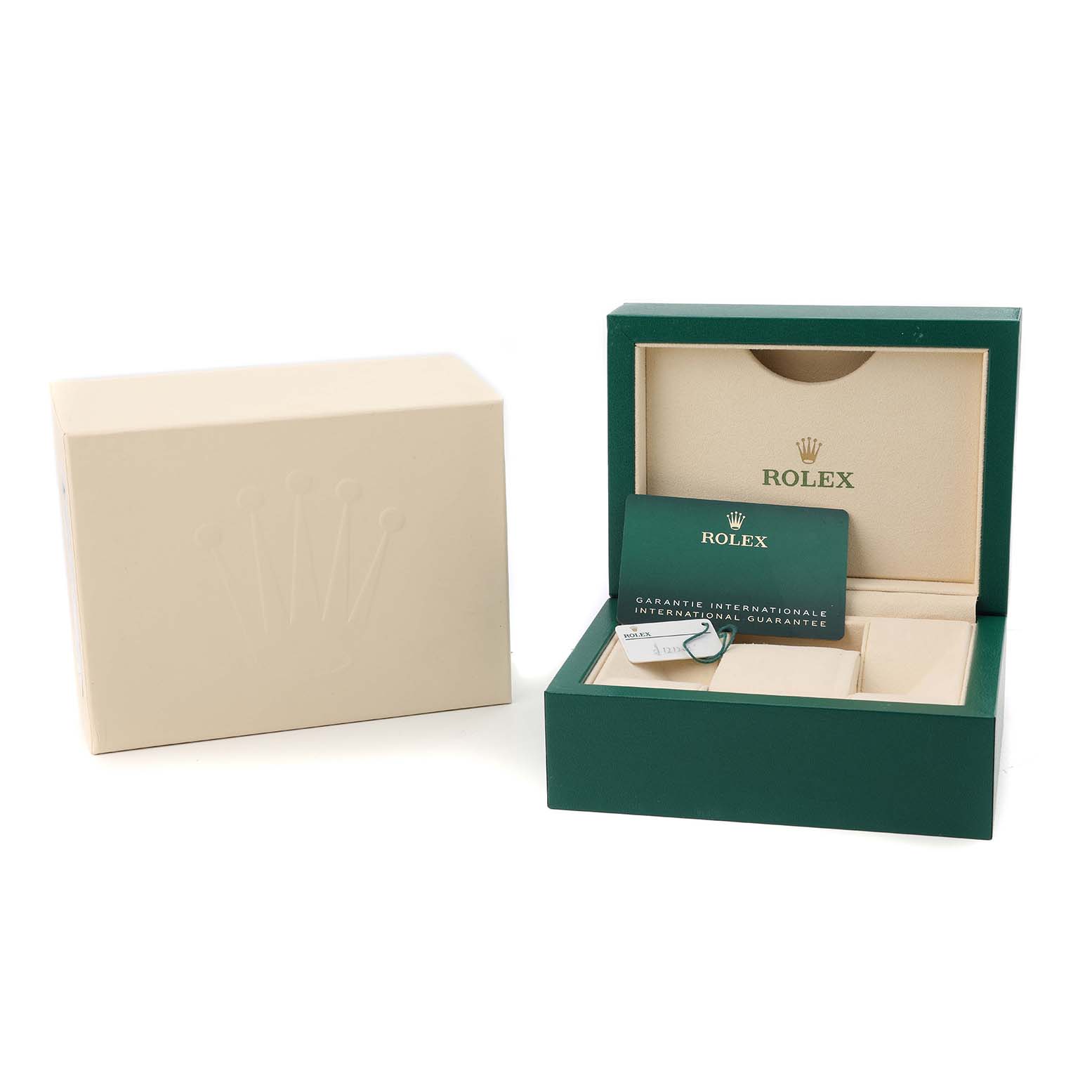 The image shows a Rolex Datejust 278341 Women's Steel and Gold (two tone) Brown Dial watch box, outer box, and warranty card.