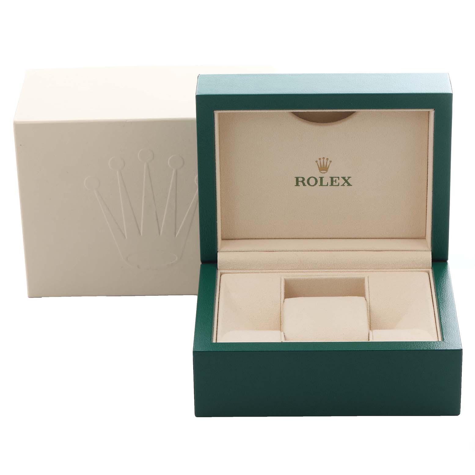 The image shows an open Rolex Datejust green and beige watch box from a front angle, with the logo visible inside.