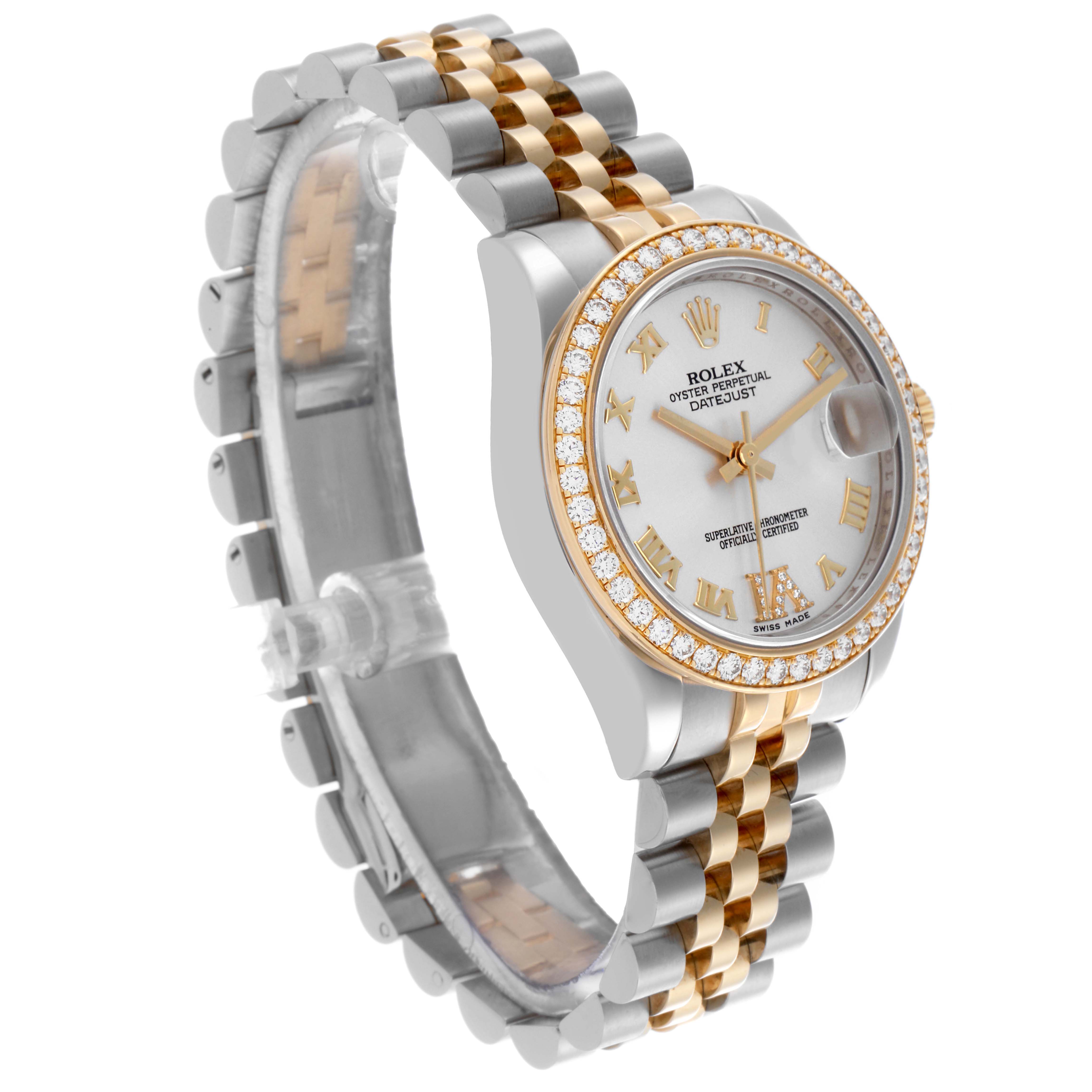 The Rolex Datejust watch is shown at a three-quarter angle, highlighting the face, diamond bezel, and Jubilee bracelet.