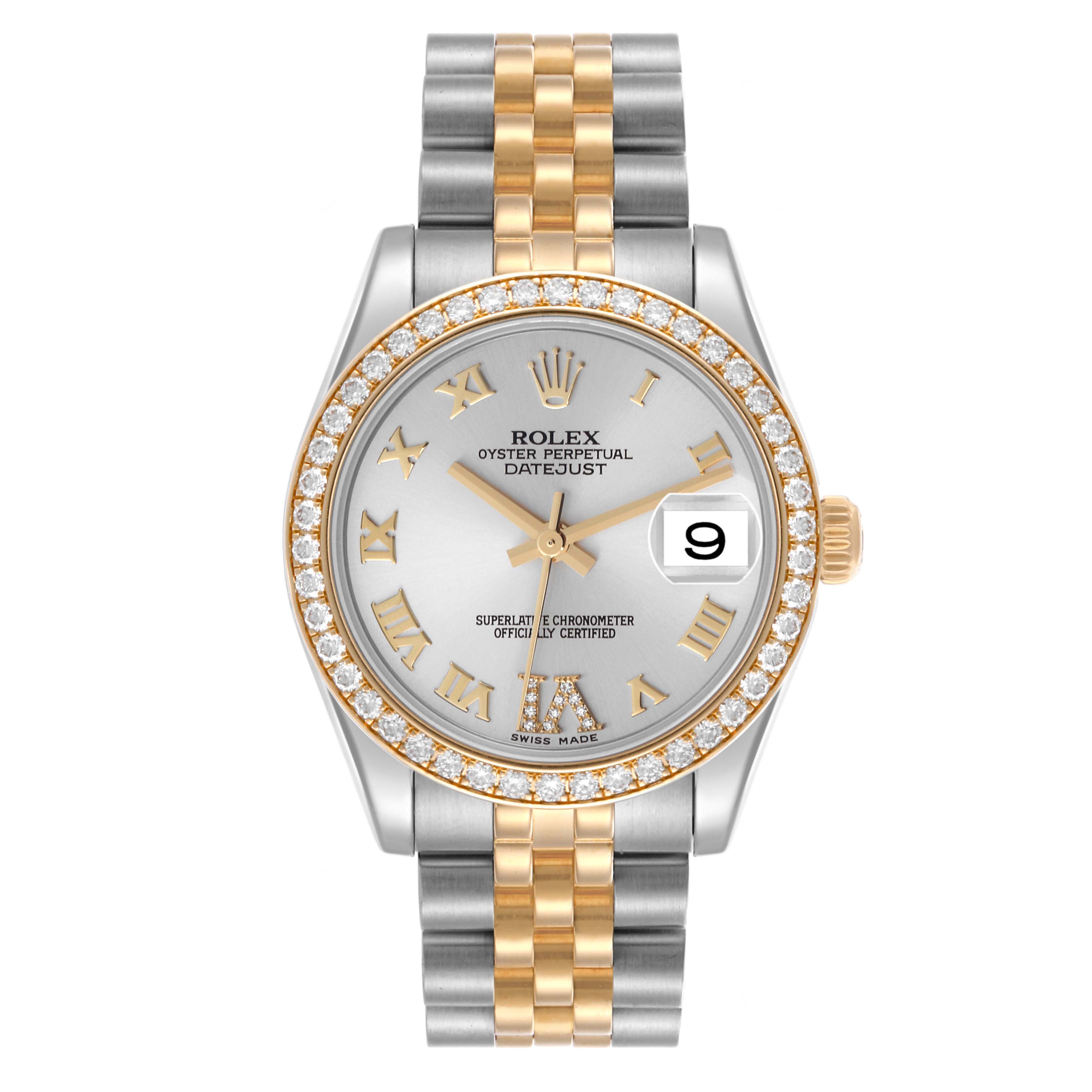 The Rolex Datejust watch is shown from a front angle, displaying the bezel, dial, hands, and two-tone bracelet.