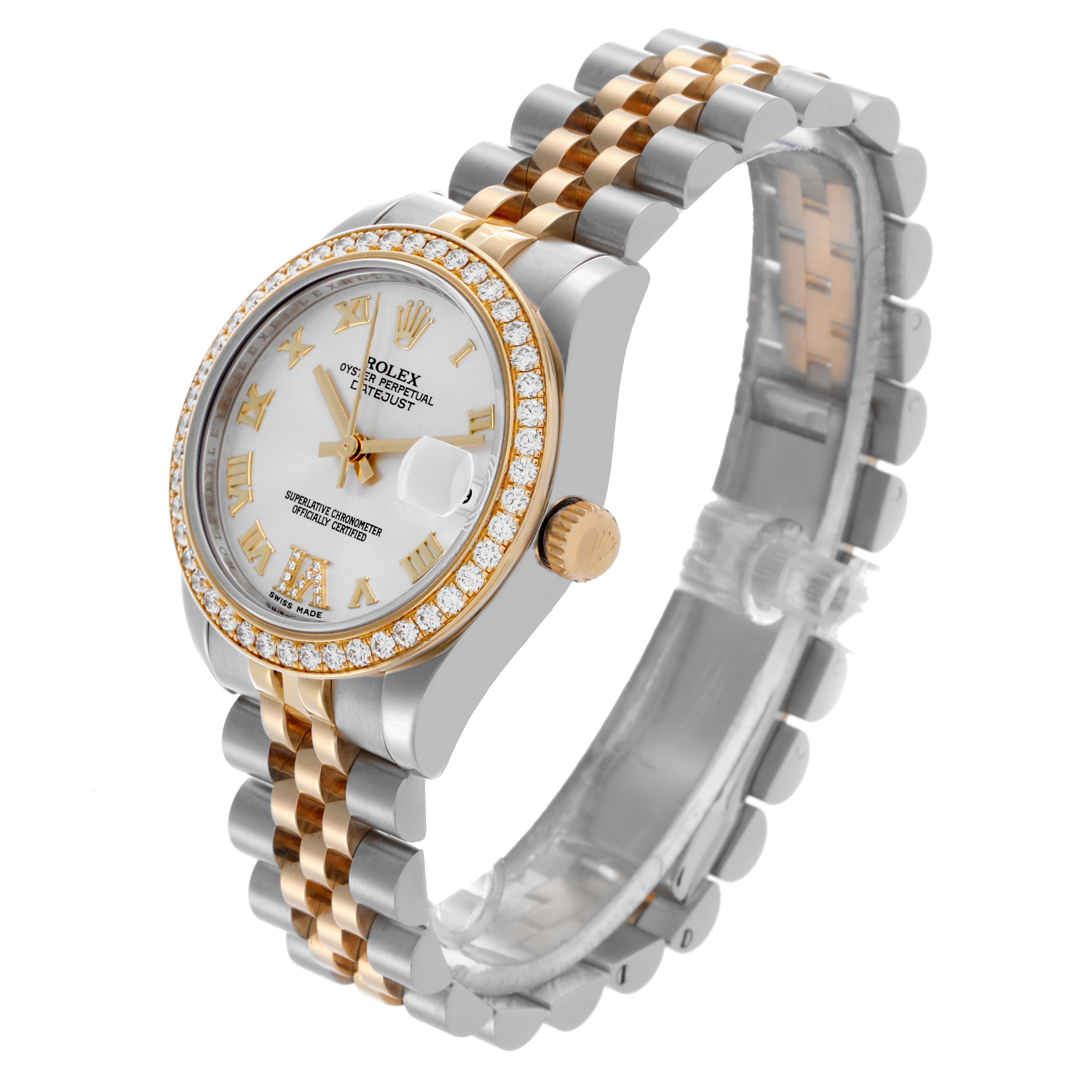 The Rolex Datejust watch is shown at an angled side view, highlighting the bezel, dial, crown, and bracelet.