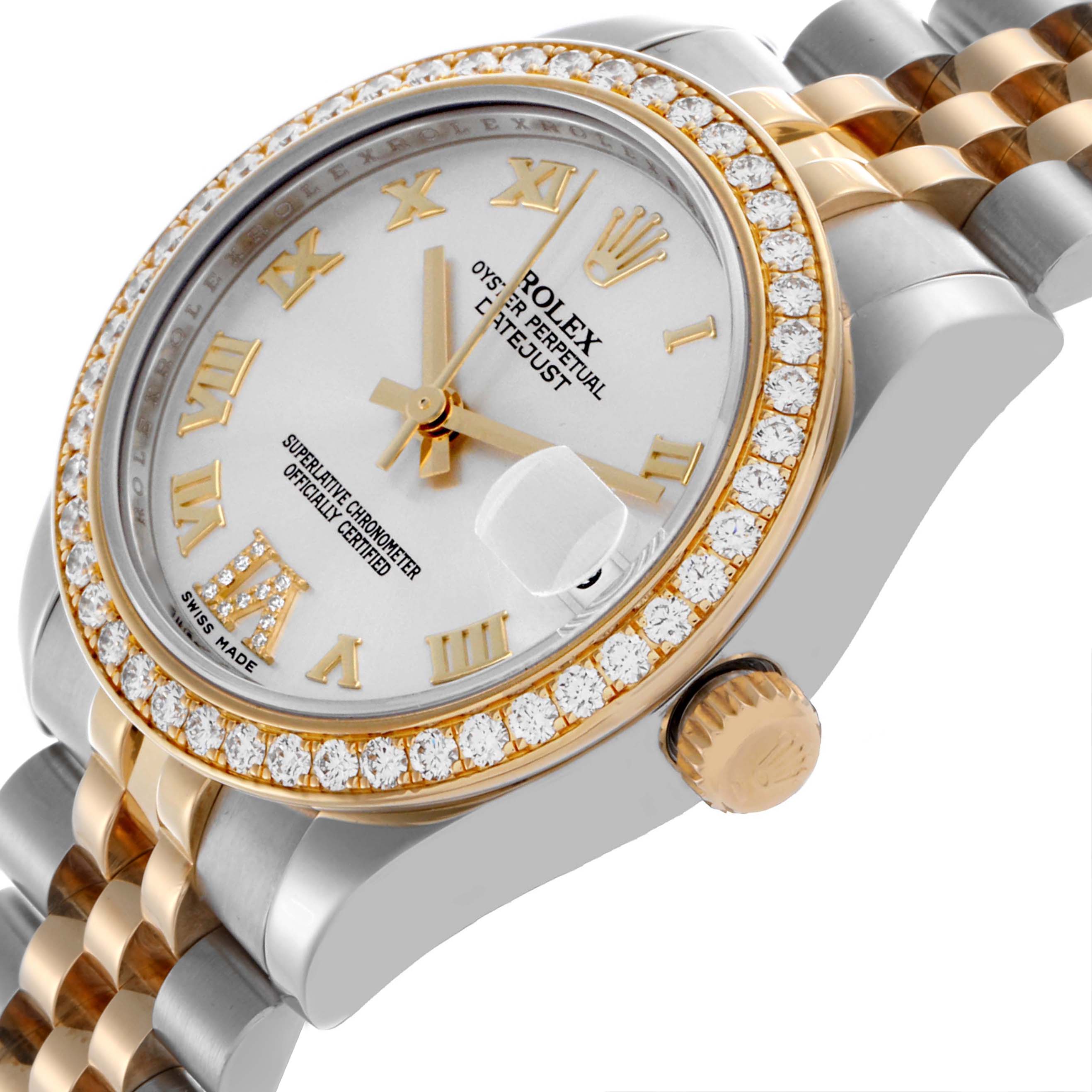 The Rolex Datejust is angled showing the face, diamond bezel, crown, and two-tone bracelet.