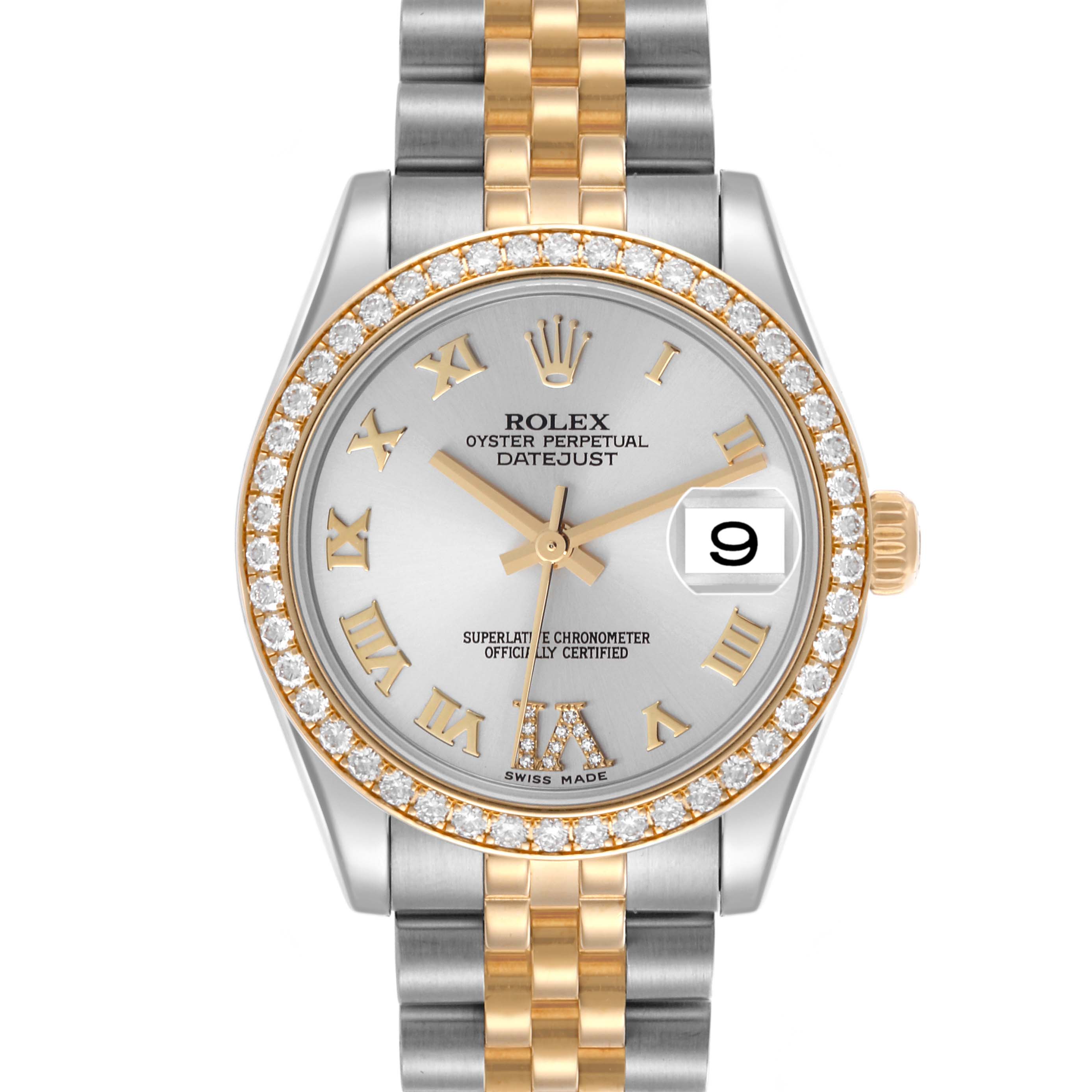 The Rolex Datejust watch is shown from a front angle, highlighting the face, diamond bezel, and bracelet.