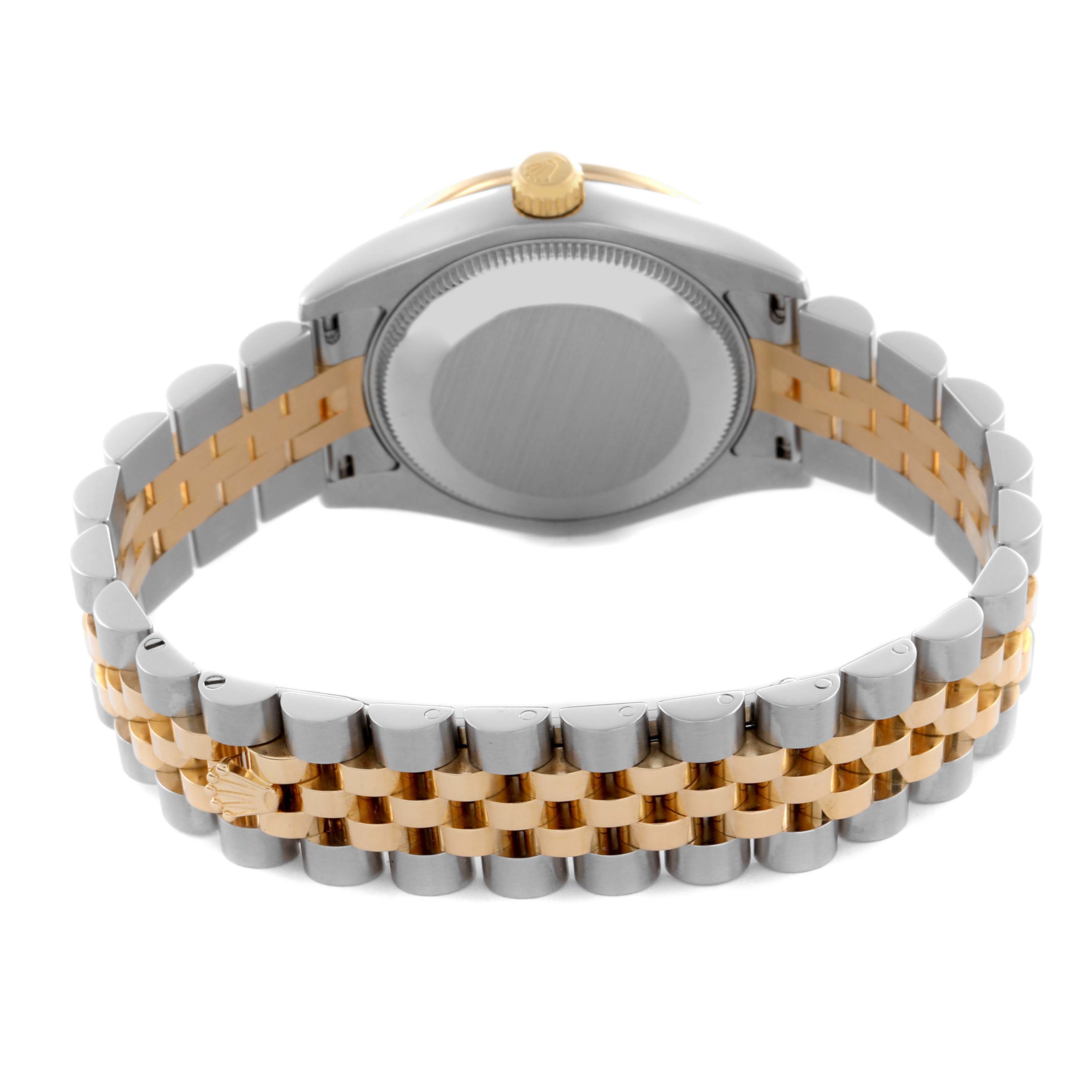 The image shows the back view of a Rolex Datejust watch, highlighting the metal case and Jubilee bracelet.