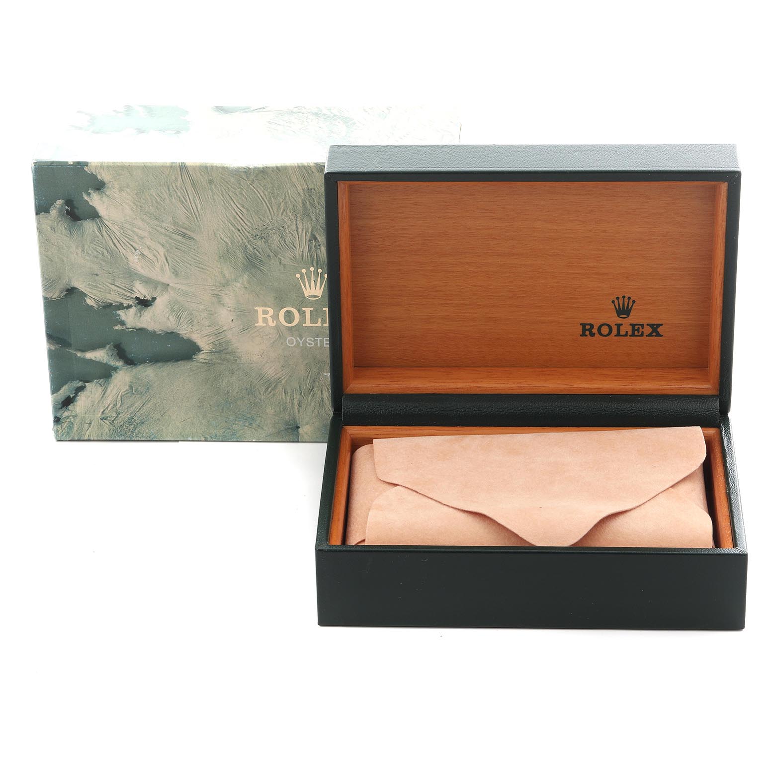 The image shows a Rolex box for a Mid-Size model watch, featuring an open wooden interior and an outer cover with the Rolex logo.