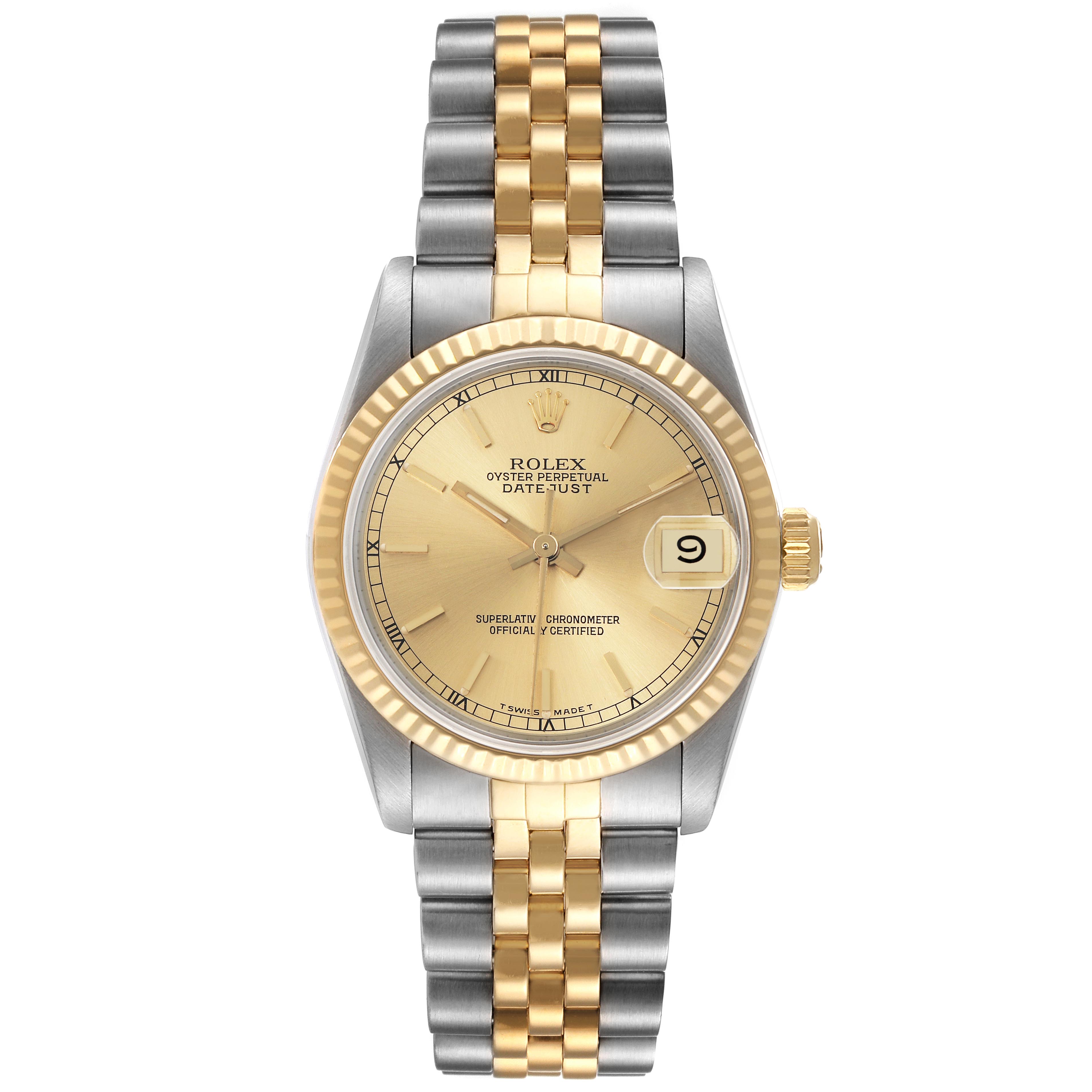 The Rolex Mid-Size 68273 Women's Steel and Gold (two tone) Champagne Dial 68273 Women's Steel and Gold (two tone) Champagne Dial watch is shown from the front, featuring the dial, bezel, and bracelet.