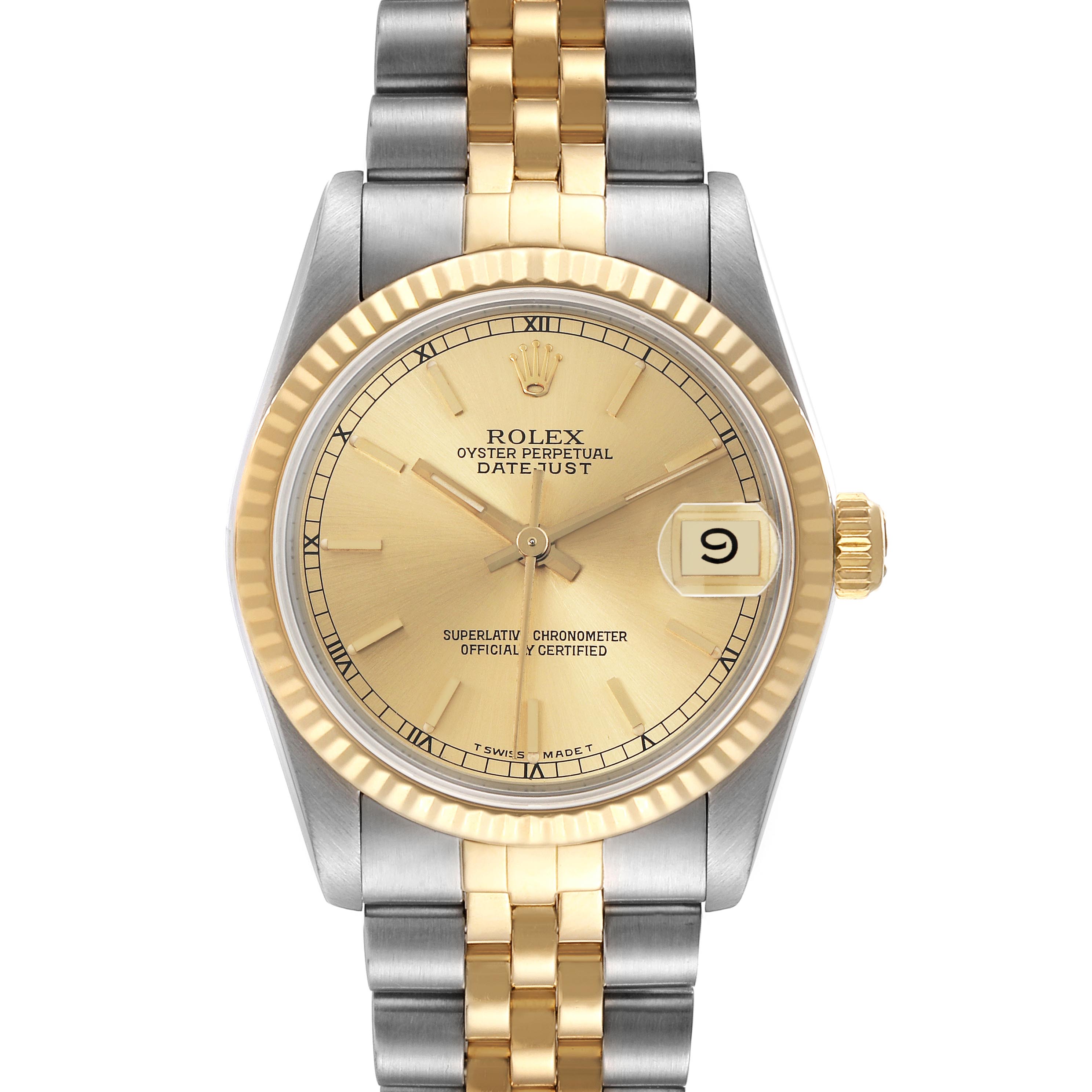 This Rolex Datejust Mid-Size is shown from a front-facing angle, highlighting the gold dial, bezel, and two-tone bracelet.