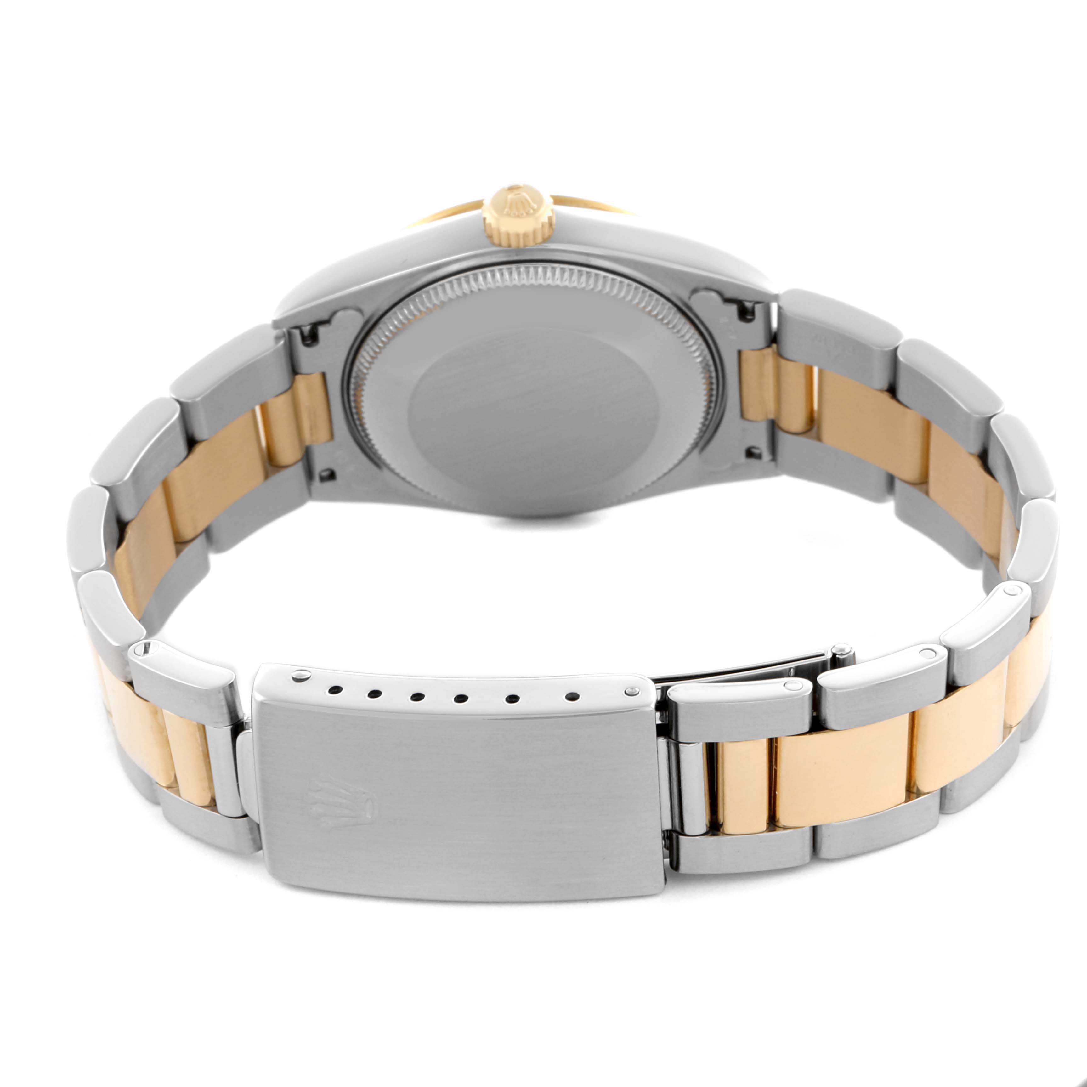 The image shows the back view of a Rolex Mid-Size 68273 Women's Steel and Gold (two tone) Champagne Dial 68273 Women's Steel and Gold (two tone) Champagne Dial watch, highlighting the case back, crown, and two-tone bracelet with clasp.