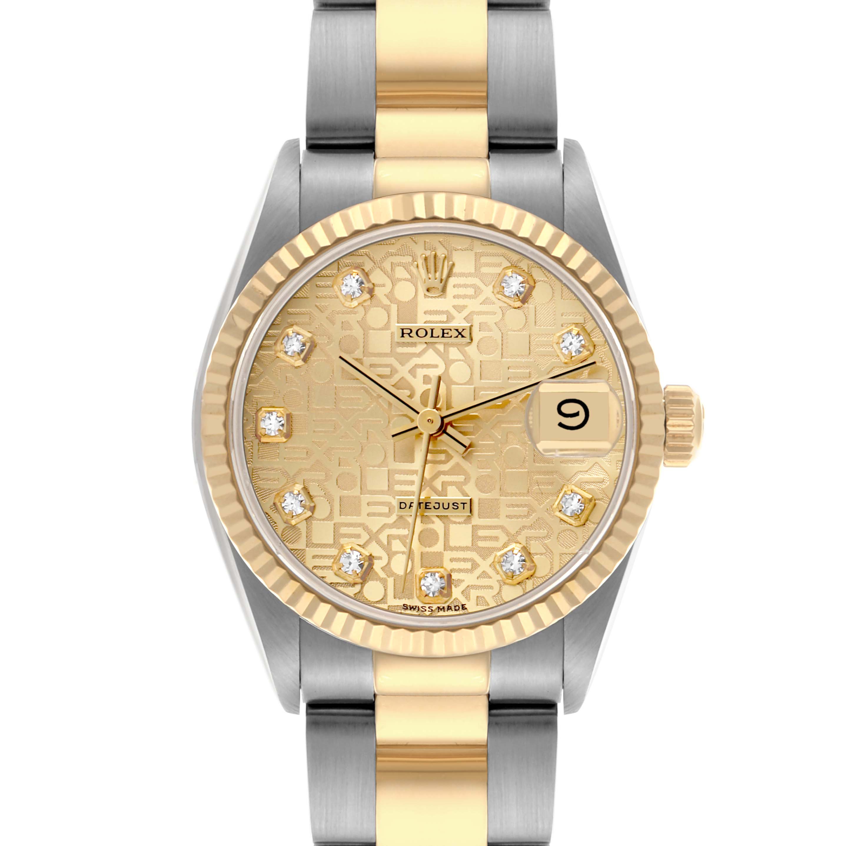 The Rolex Mid-Size 68273 Women's Steel and Gold (two tone) Champagne Dial 68273 Women's Steel and Gold (two tone) Champagne Dial model is shown from the front, displaying the face, bezel, and portion of the bracelet.