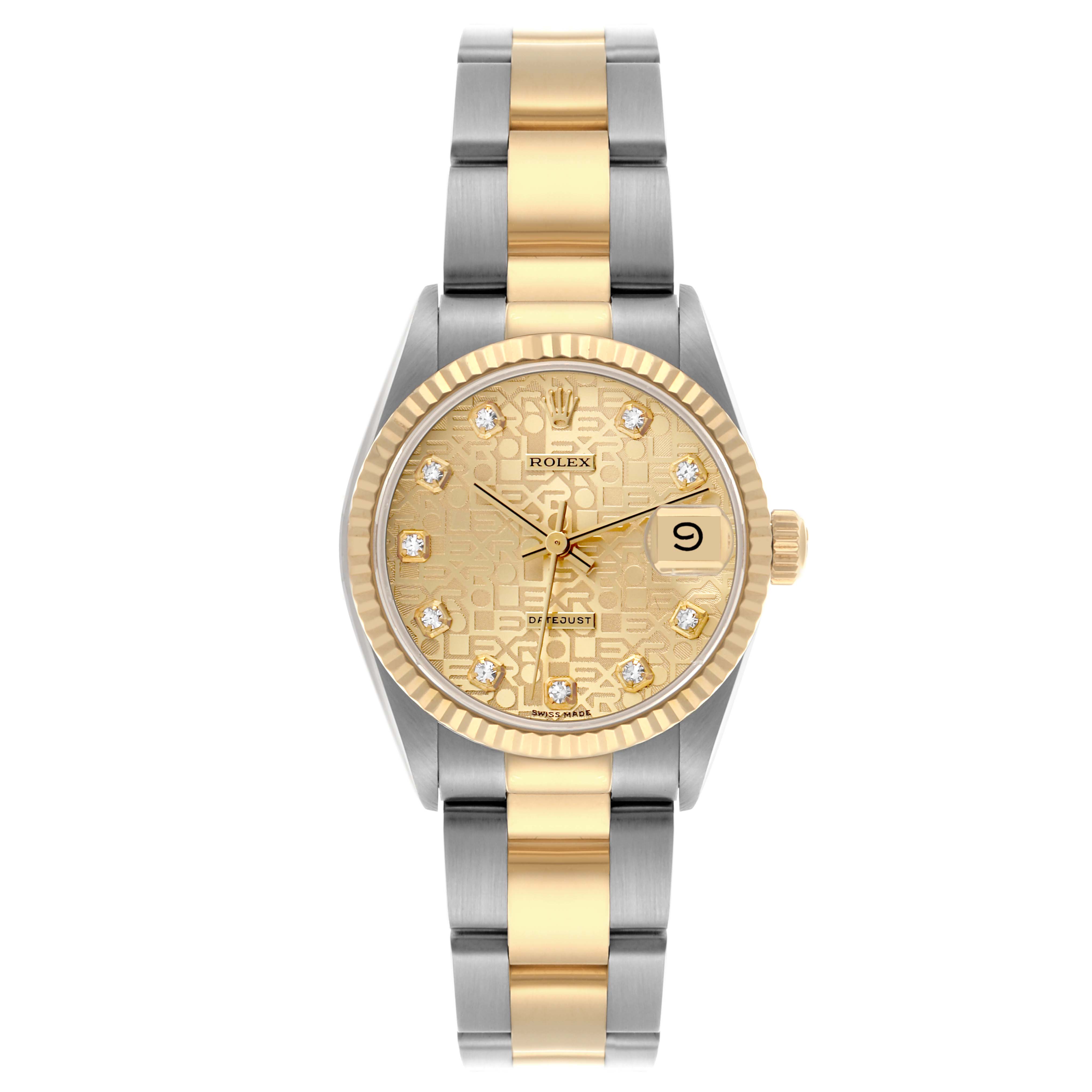 The Rolex Mid-Size 68273 Women's Steel and Gold (two tone) Champagne Dial 68273 Women's Steel and Gold (two tone) Champagne Dial watch is shown from a top-down angle, highlighting its two-tone bracelet and gold dial with a date display.