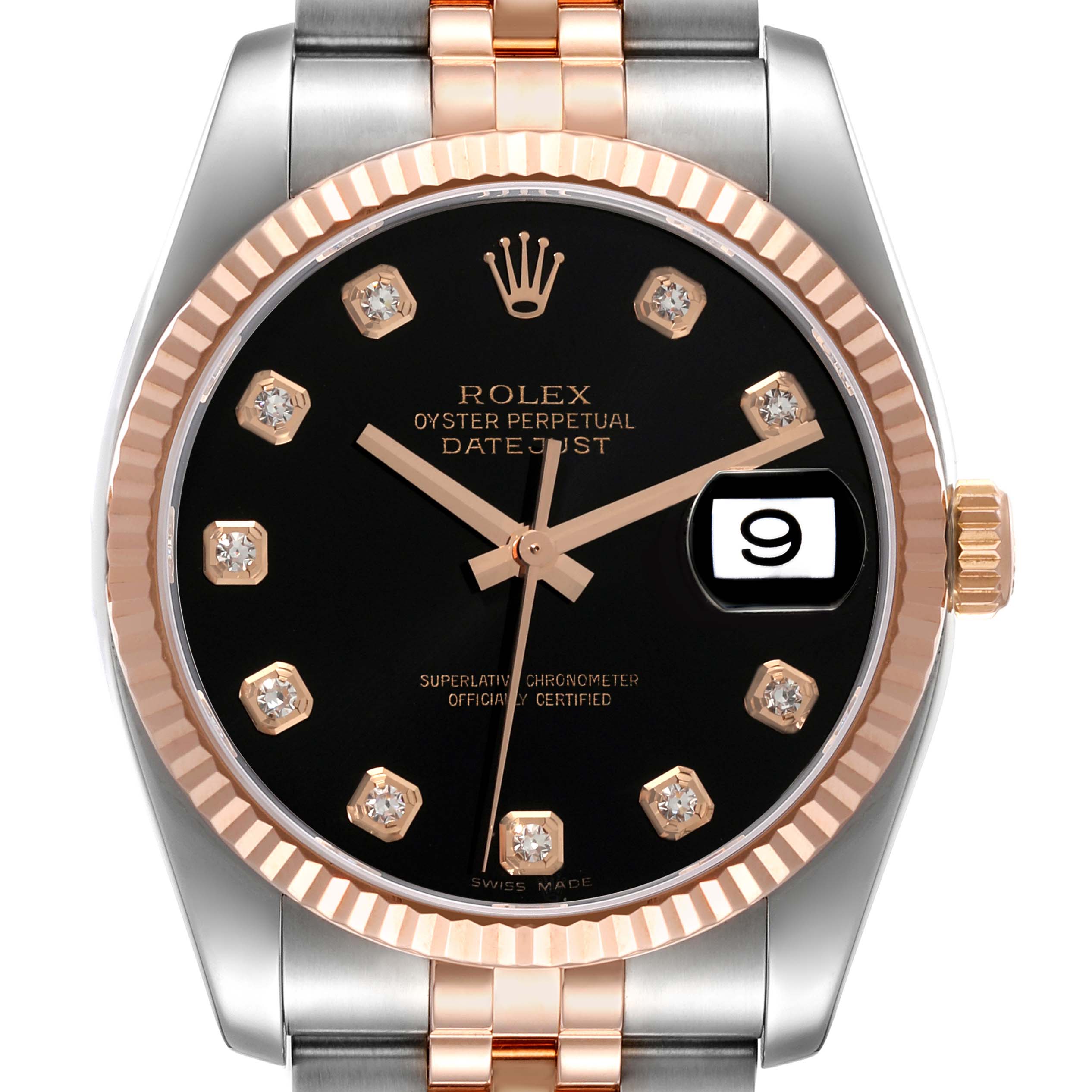 The image shows a frontal view of the Rolex Datejust 116231 Men's Steel and Gold (two tone) Black Dial 116231 Men's Steel and Gold (two tone) Black Dial watch, highlighting its black dial, diamond hour markers, and two-tone bracelet.