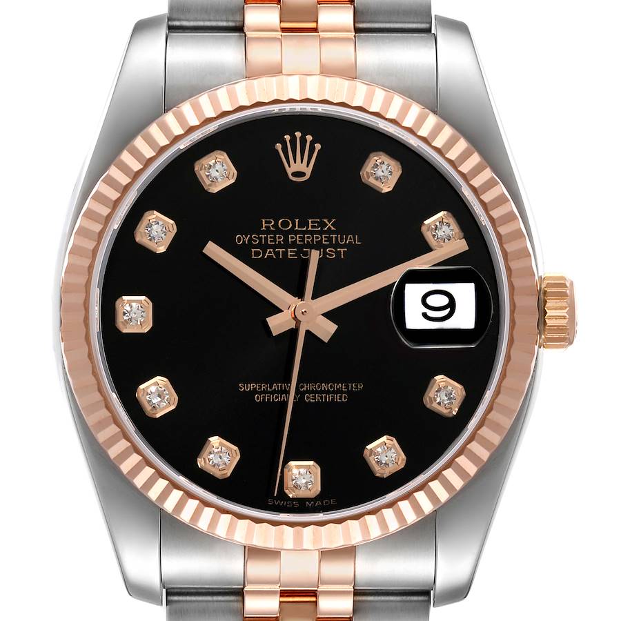 Rolex Datejust 36 Steel Rose Gold Black Diamond Dial Mens Watch 116231 SwissWatchExpo